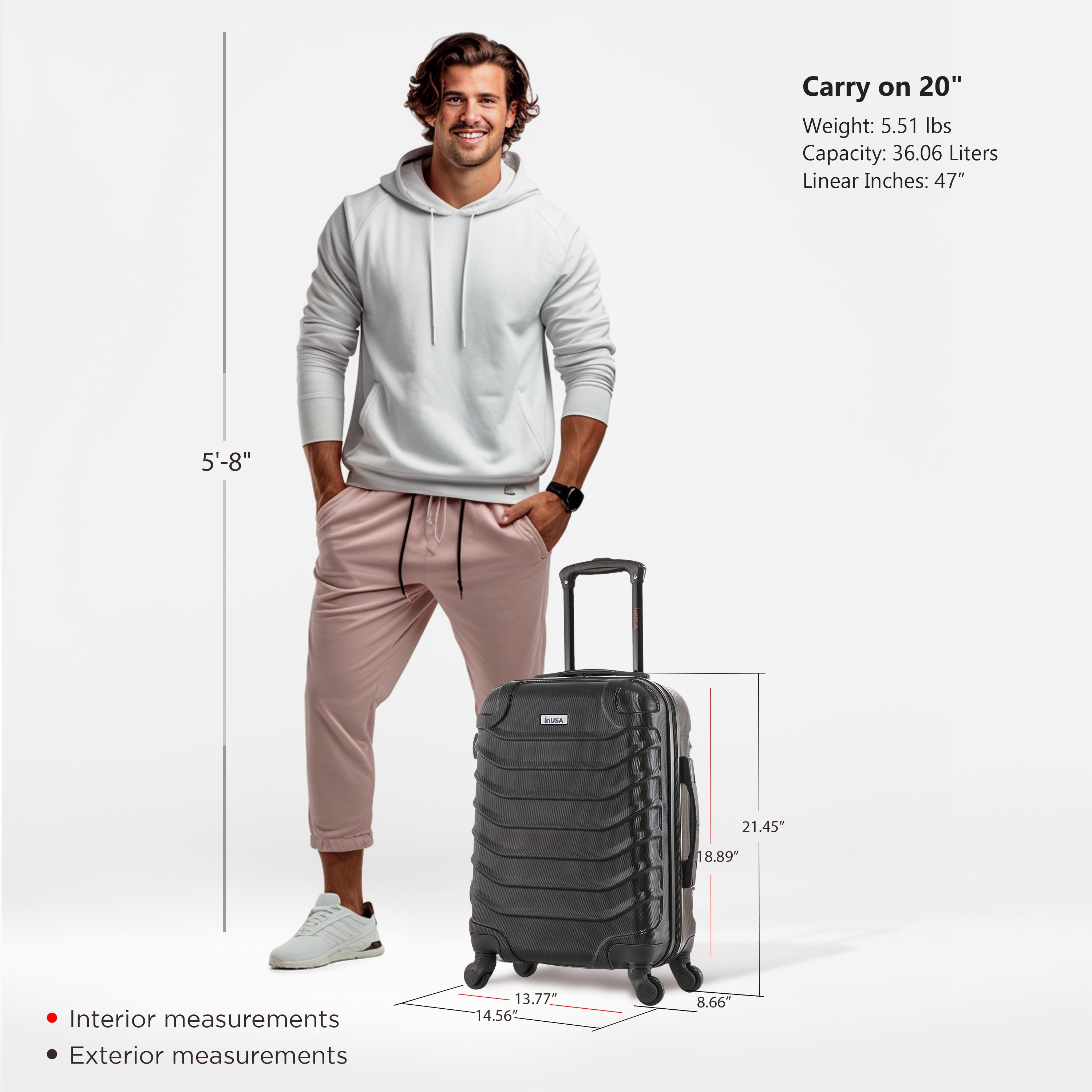 Man standing next to a gray suitcase with measurements displayed