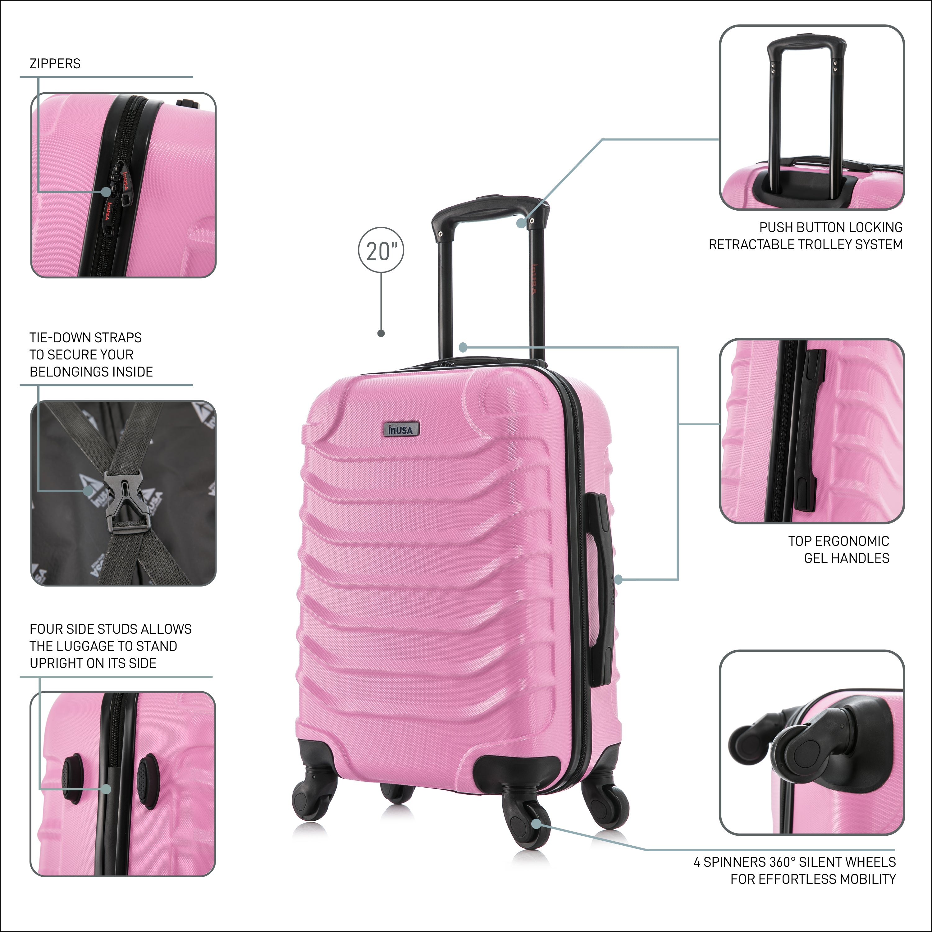 Pink suitcase with features highlighted on a white background