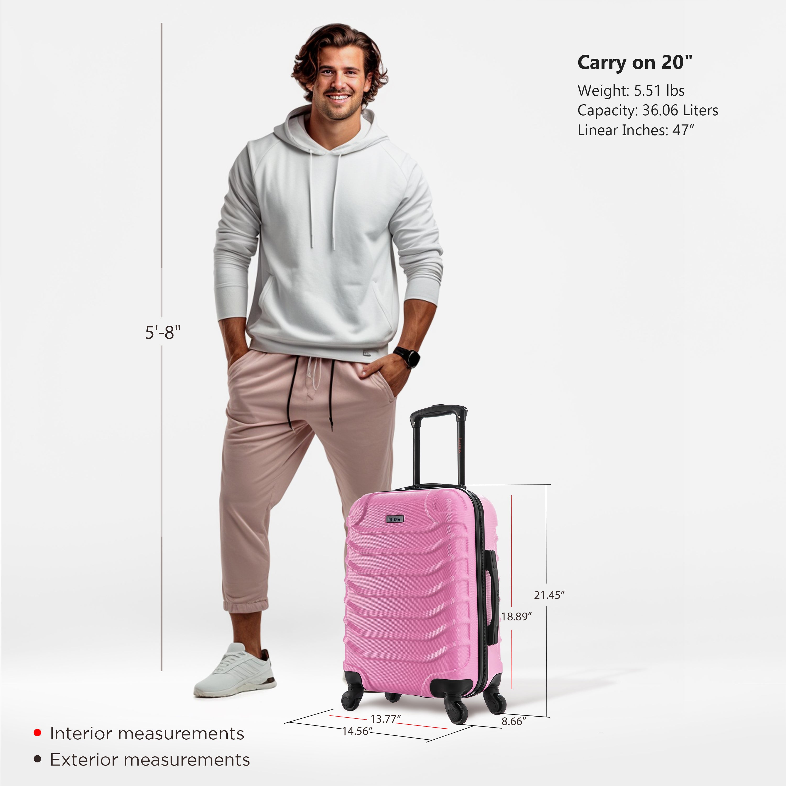 Man standing next to a pink suitcase with measurements displayed