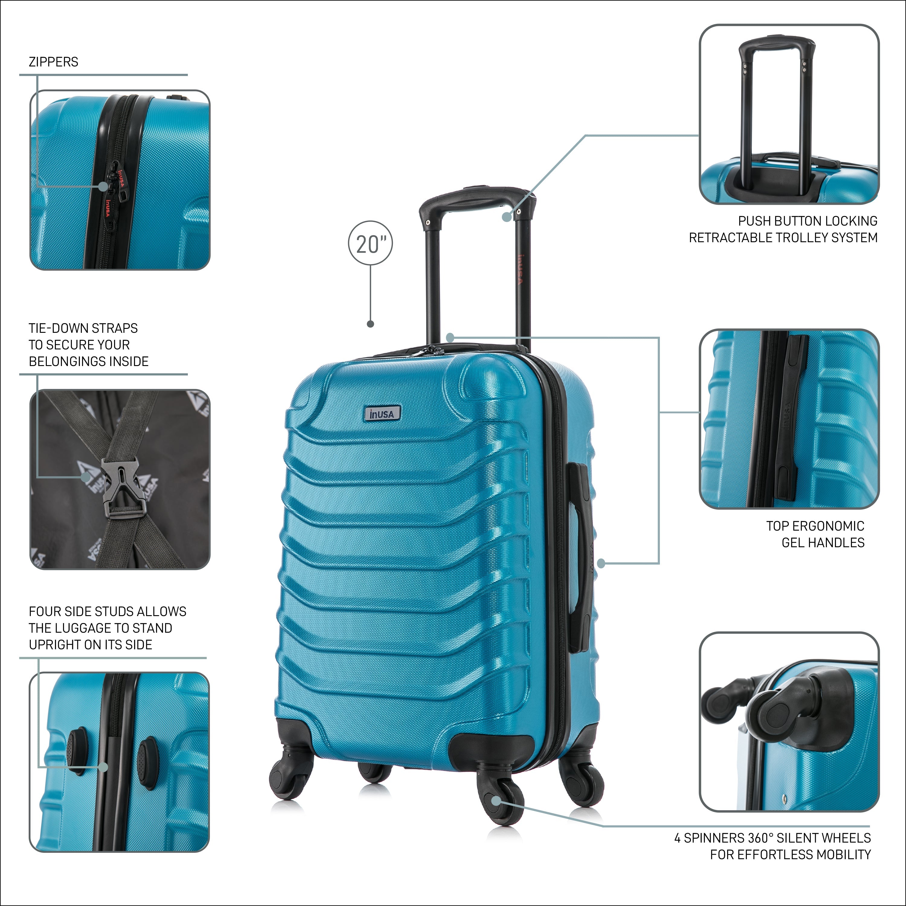 Blue suitcase with features highlighted on a white background