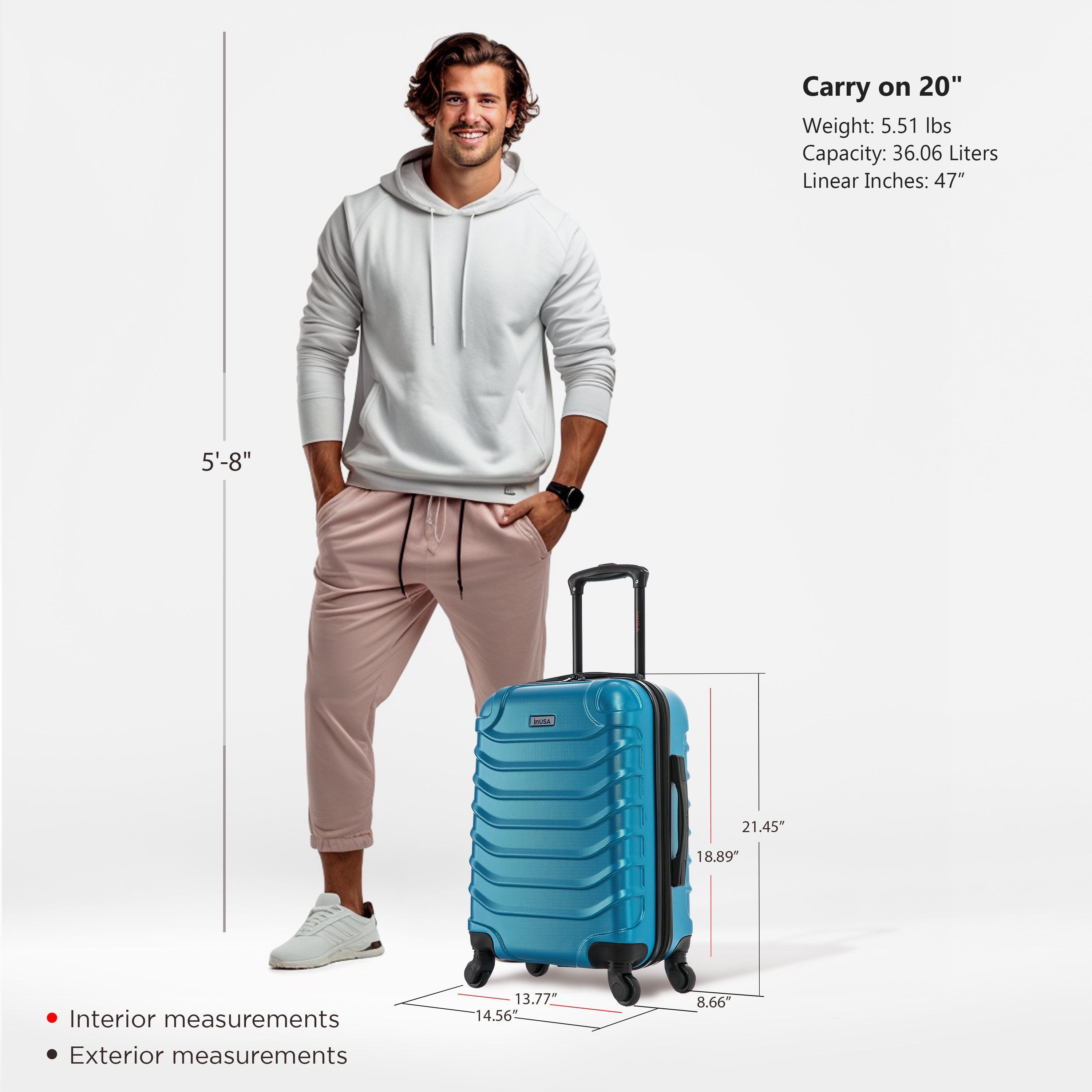 Man standing next to a blue suitcase with measurements displayed