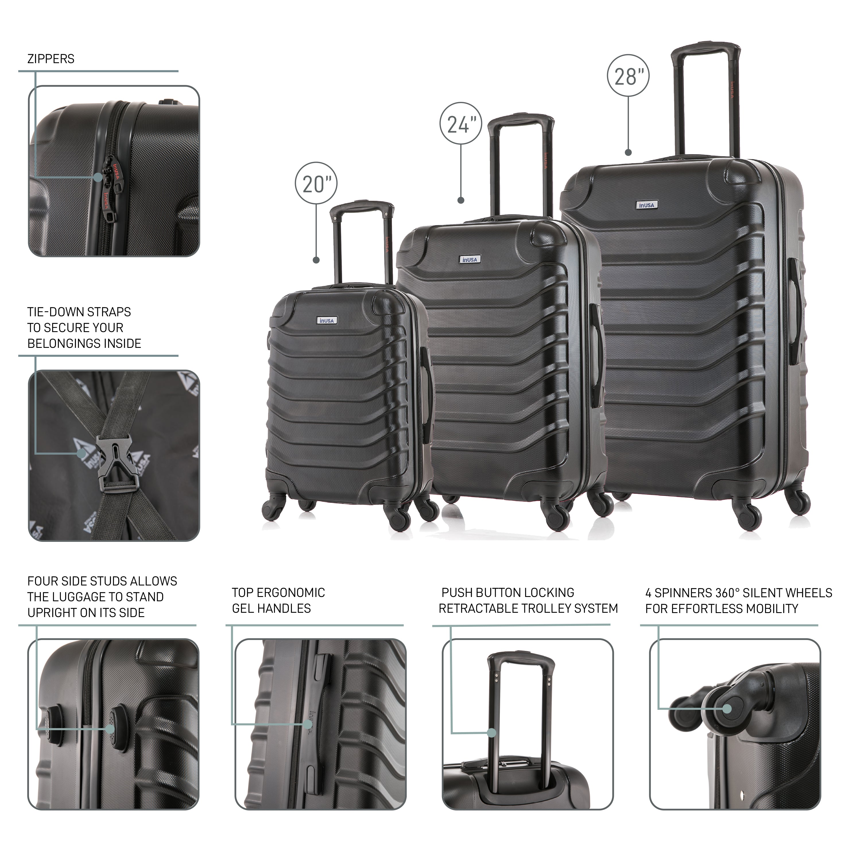 Set of black suitcases with features highlighted on a white background