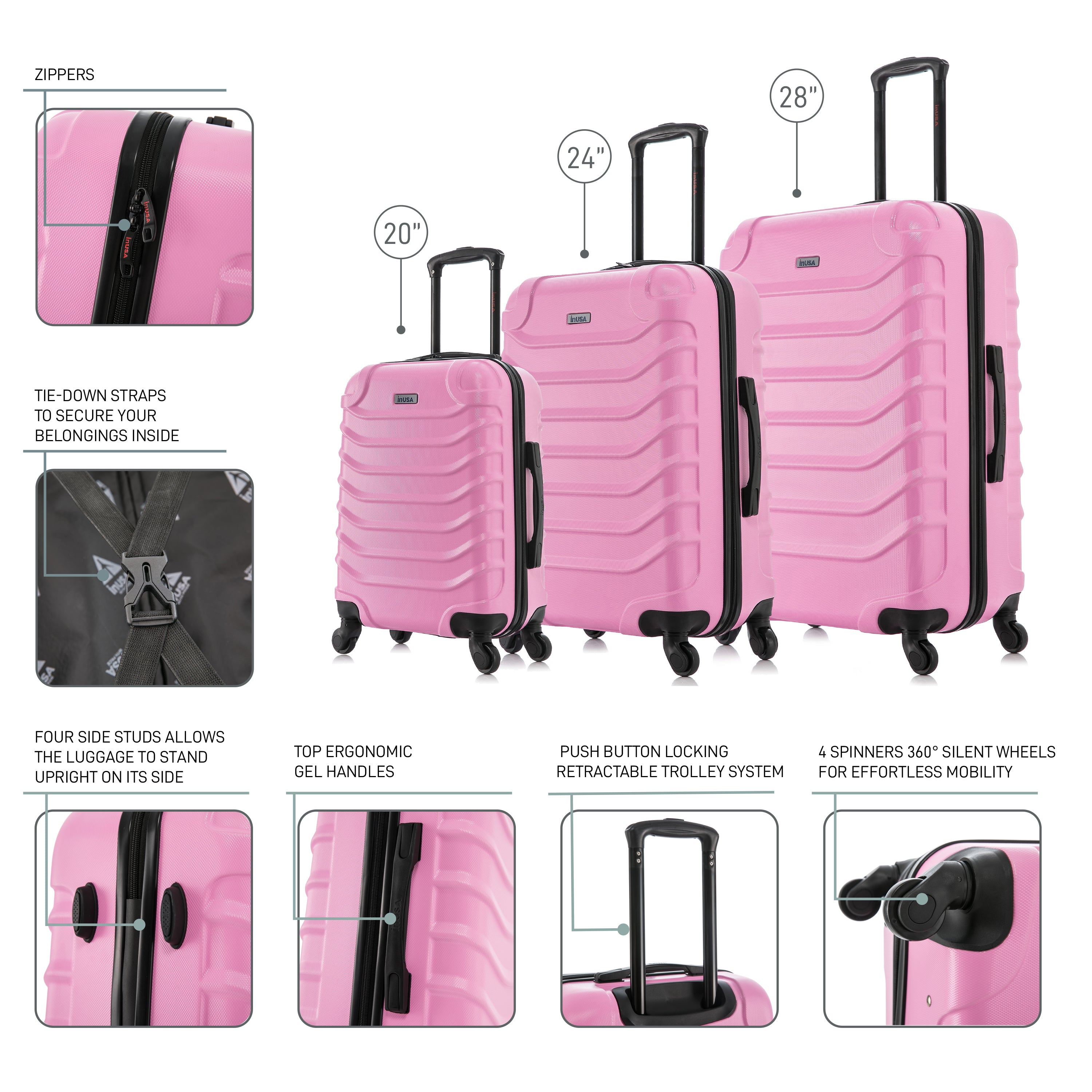 Pink luggage set with features highlighted on a white background