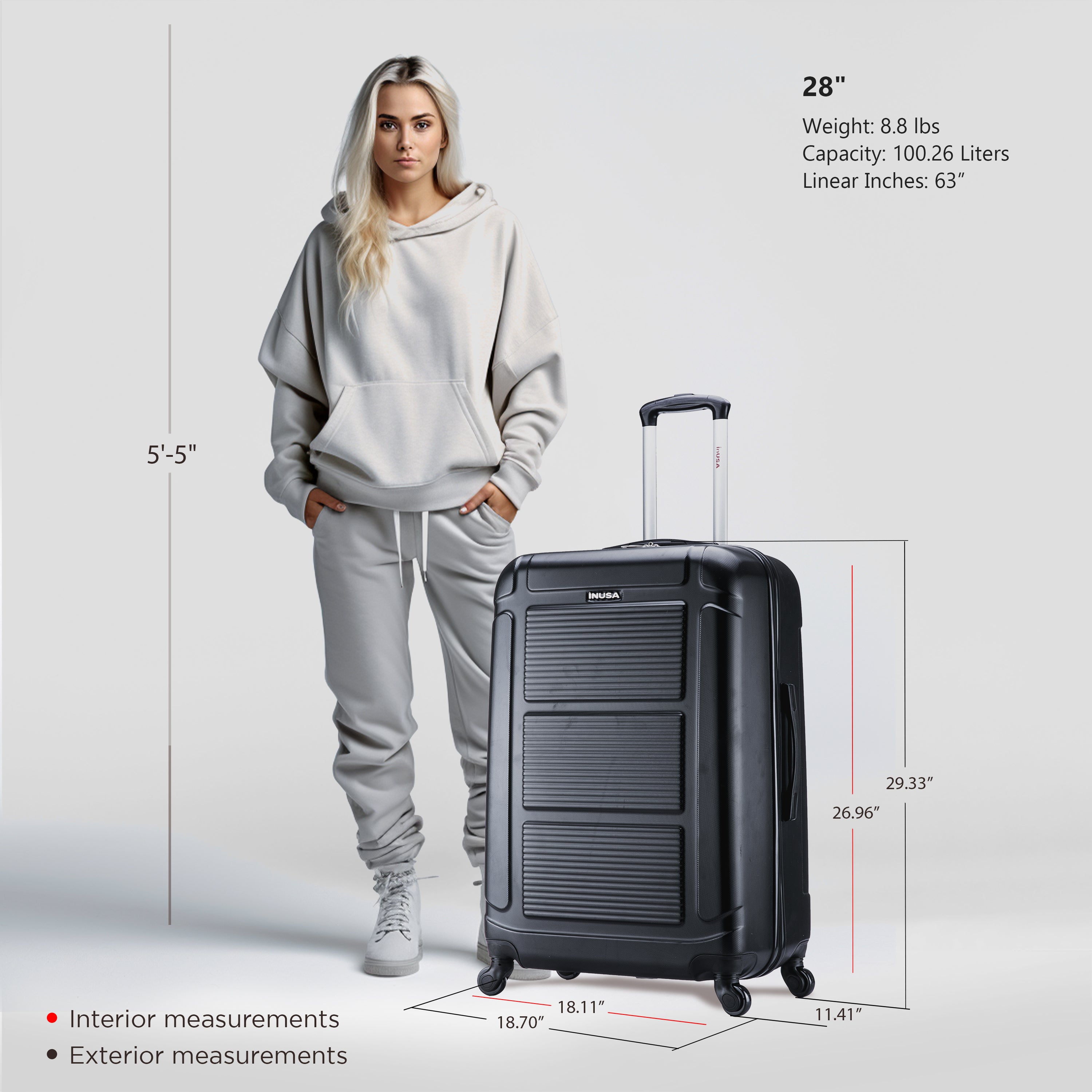 Person standing next to a black suitcase with measurements displayed