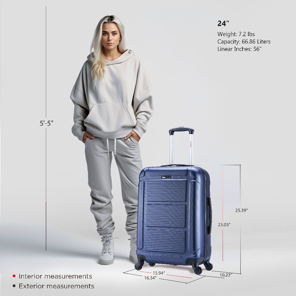 Woman standing next to a blue suitcase with measurements displayed