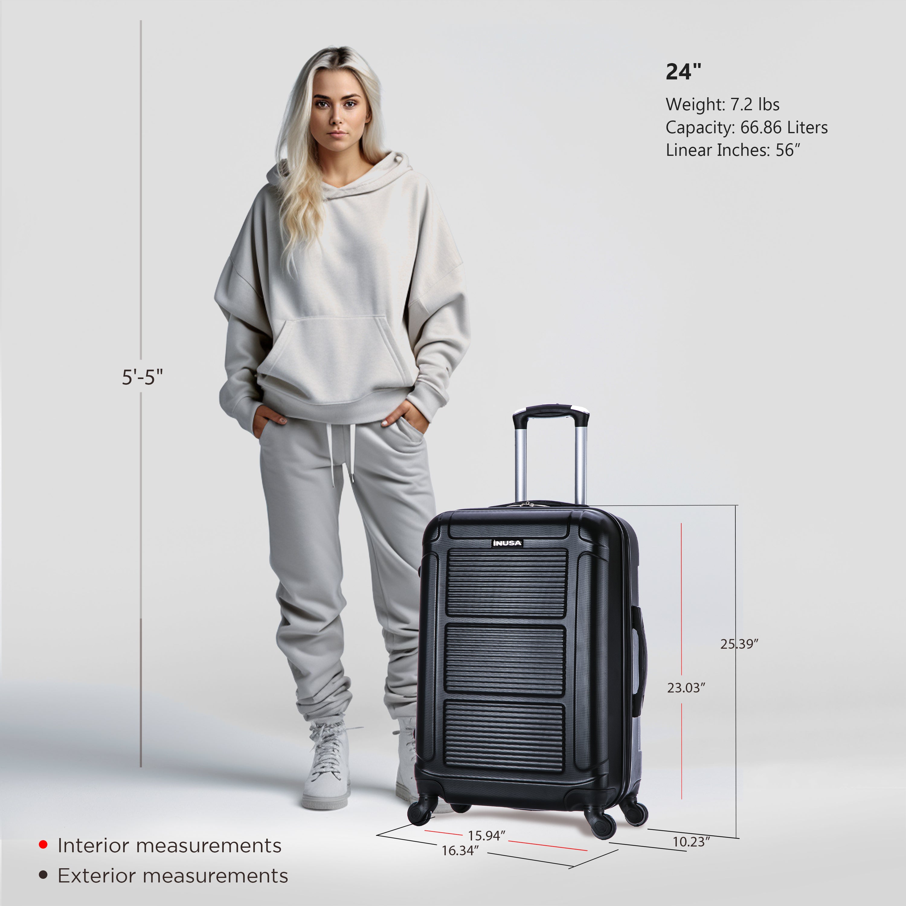 Person standing next to a black suitcase with measurements displayed