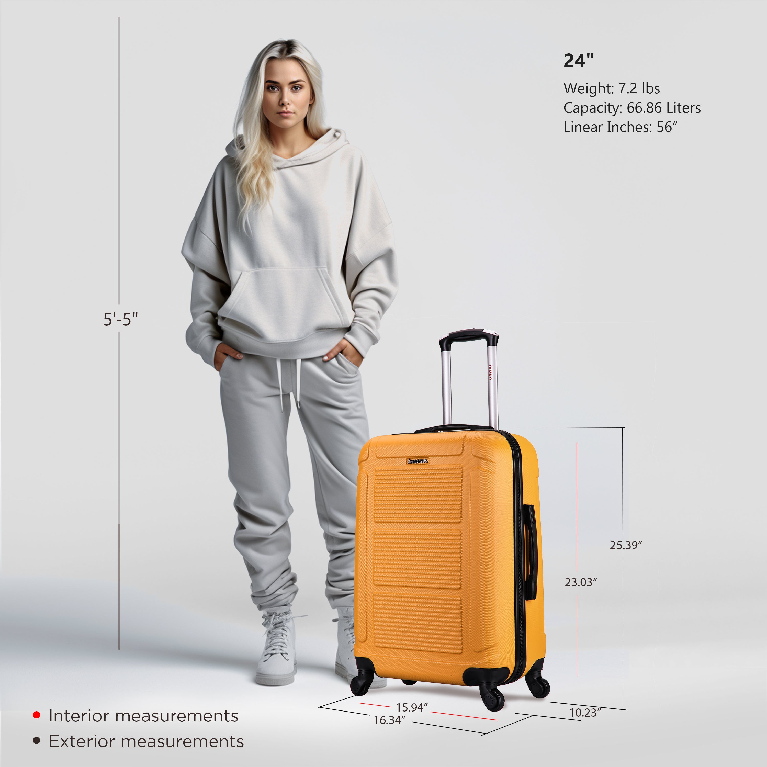 Woman standing next to a yellow suitcase with measurements displayed