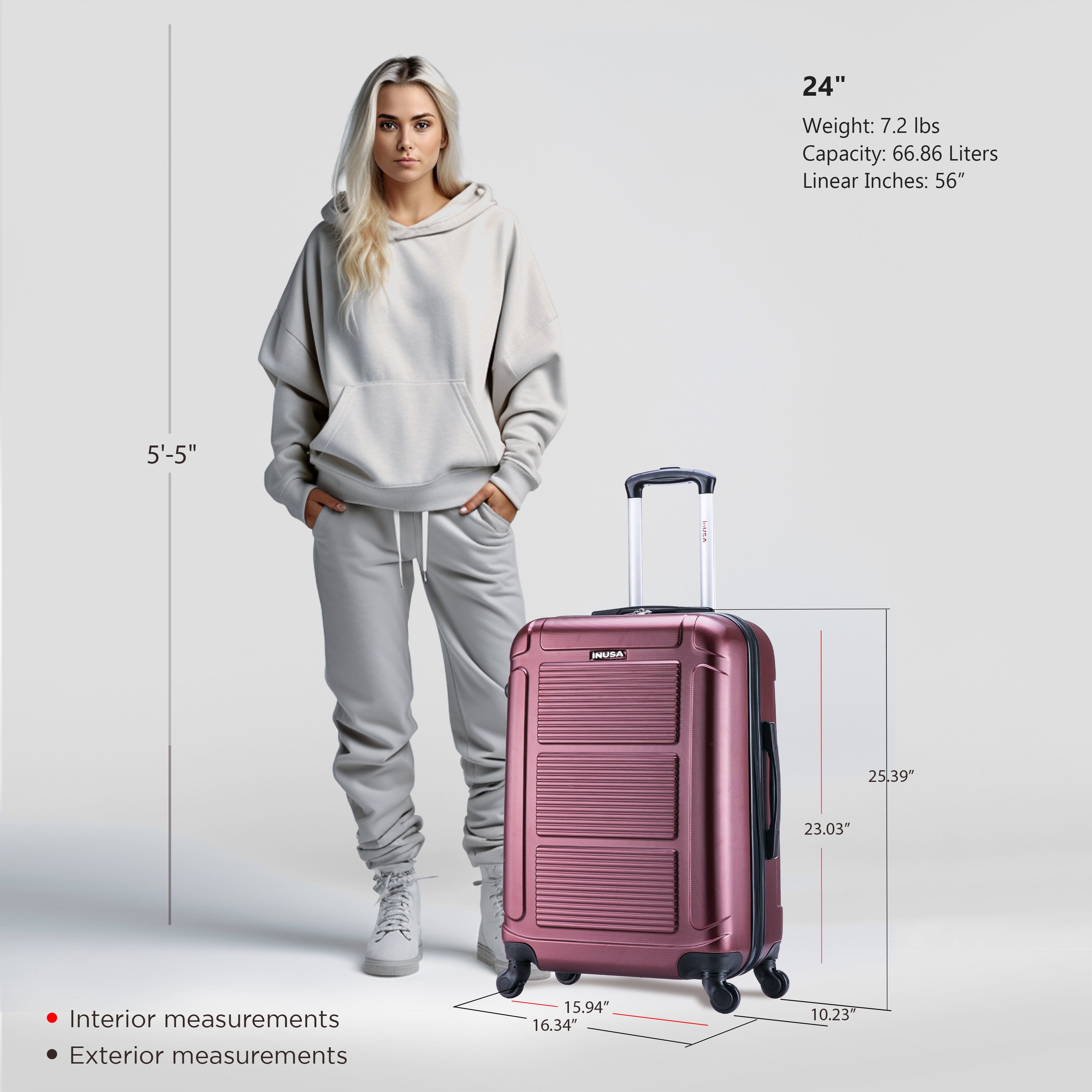 Person standing next to a pink suitcase with measurements displayed