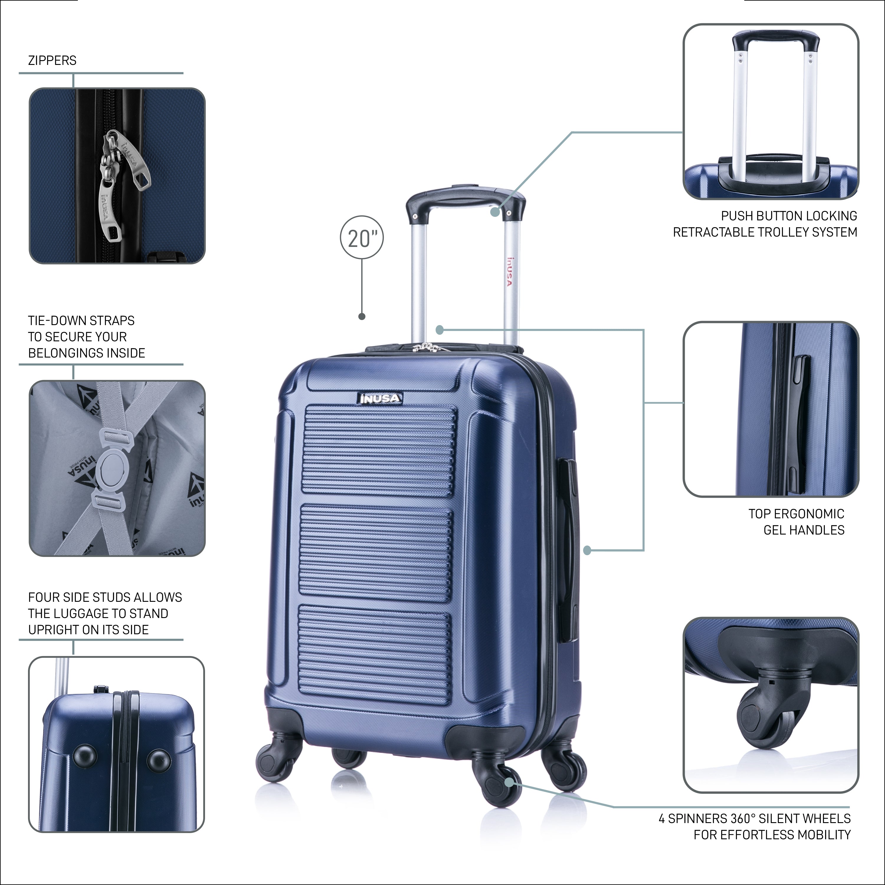 Blue suitcase with features highlighted on a white background