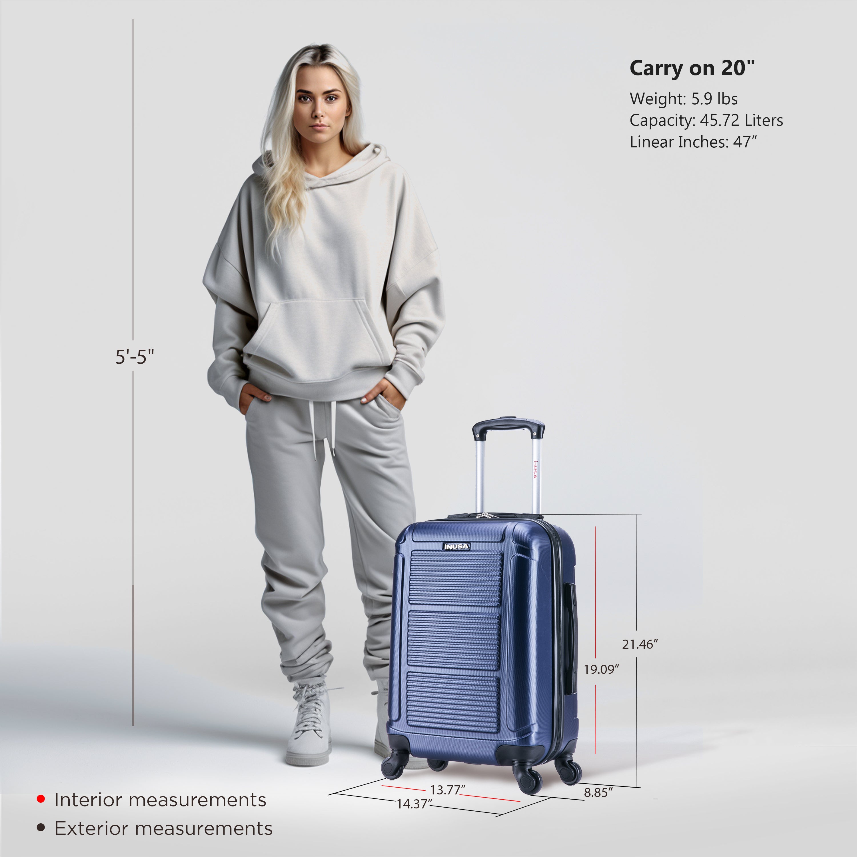 Woman standing next to a blue suitcase with measurements displayed
