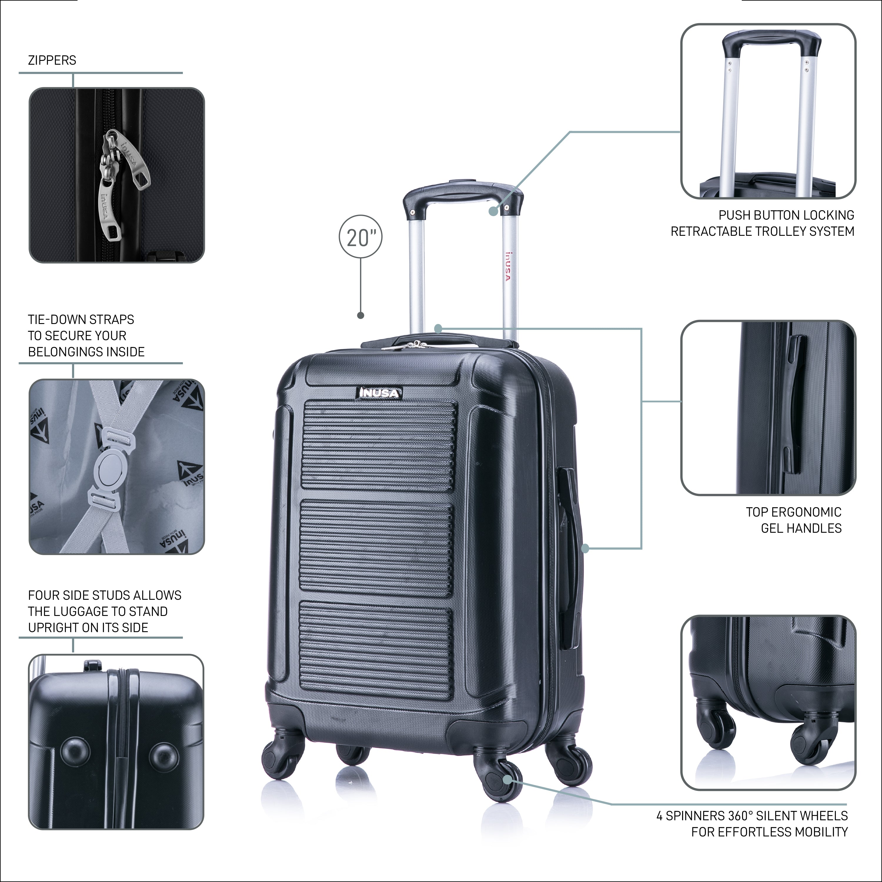 Black suitcase with features highlighted on a white background
