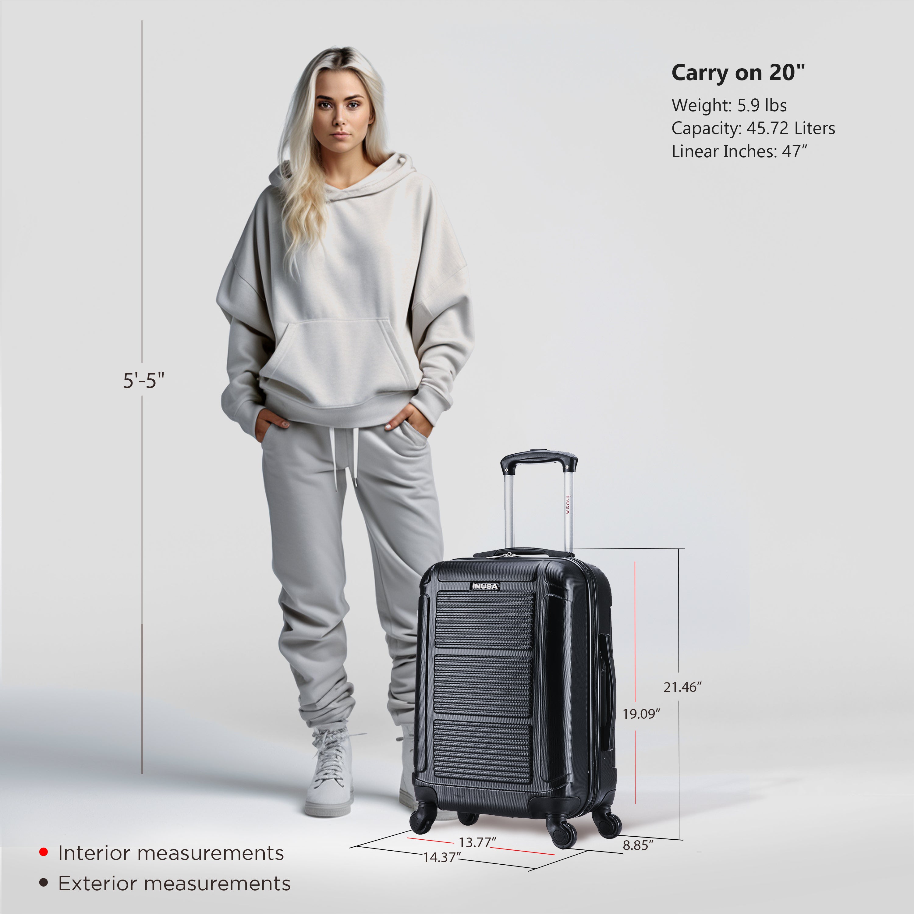 Woman in gray tracksuit standing next to a black suitcase with measurements displayed.