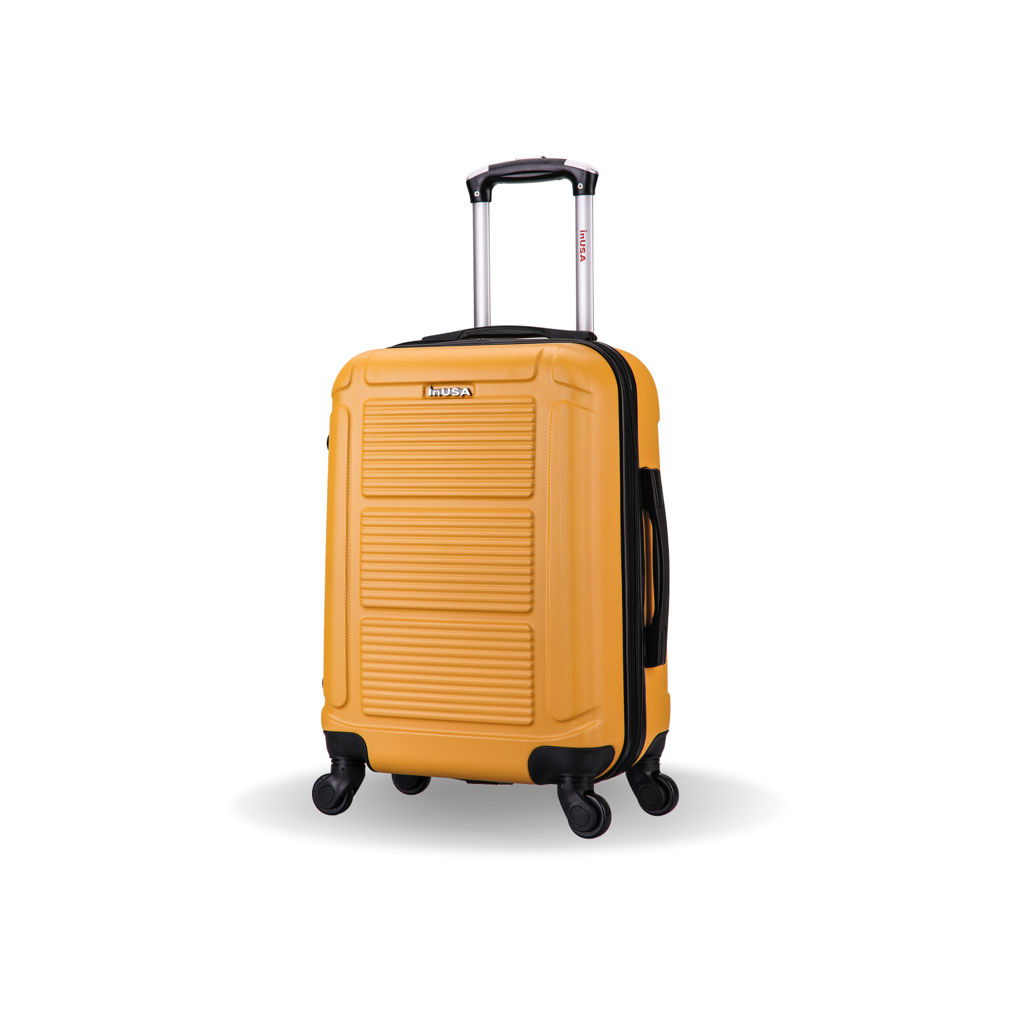 Yellow suitcase with black accents on a white background