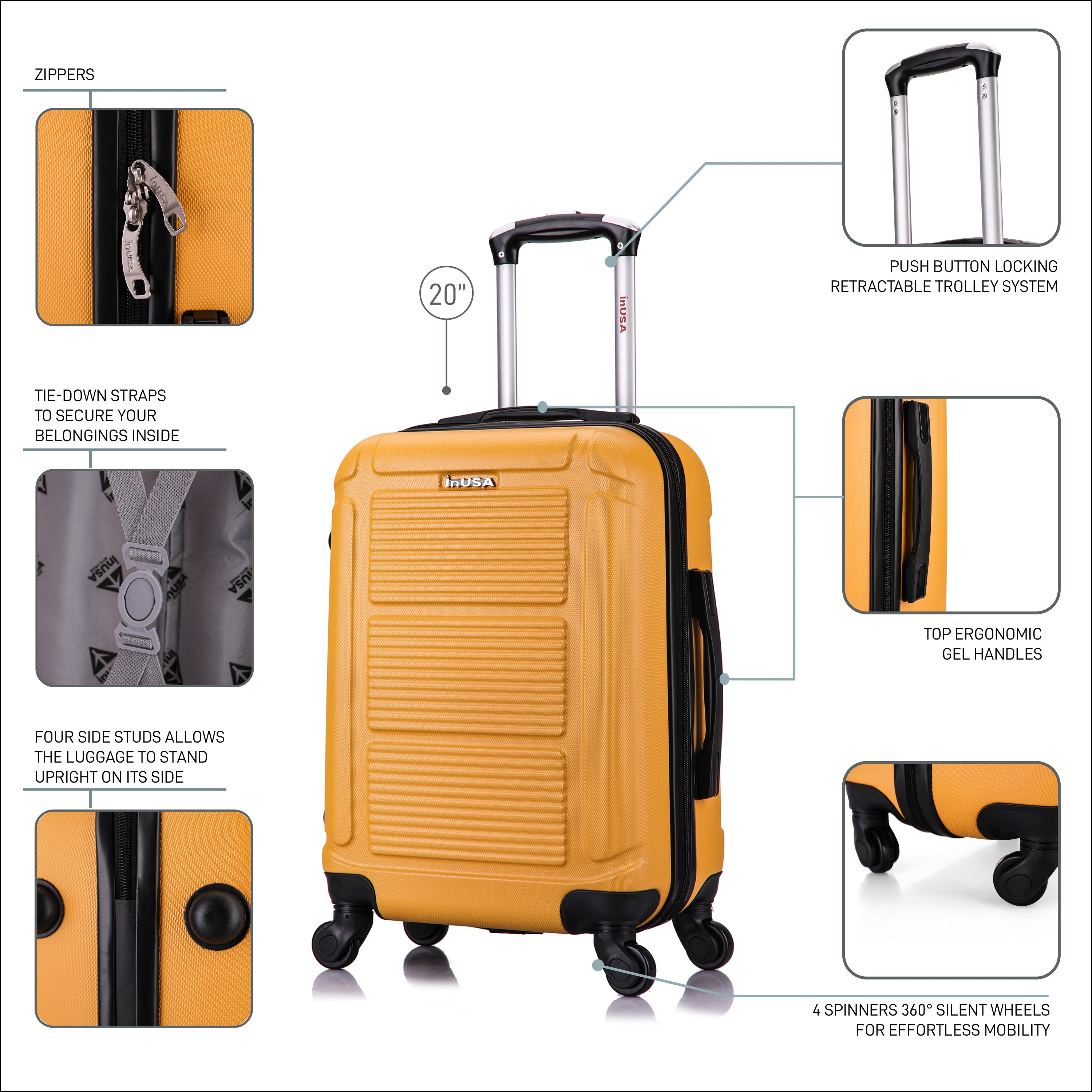 Yellow suitcase with features highlighted on a white background