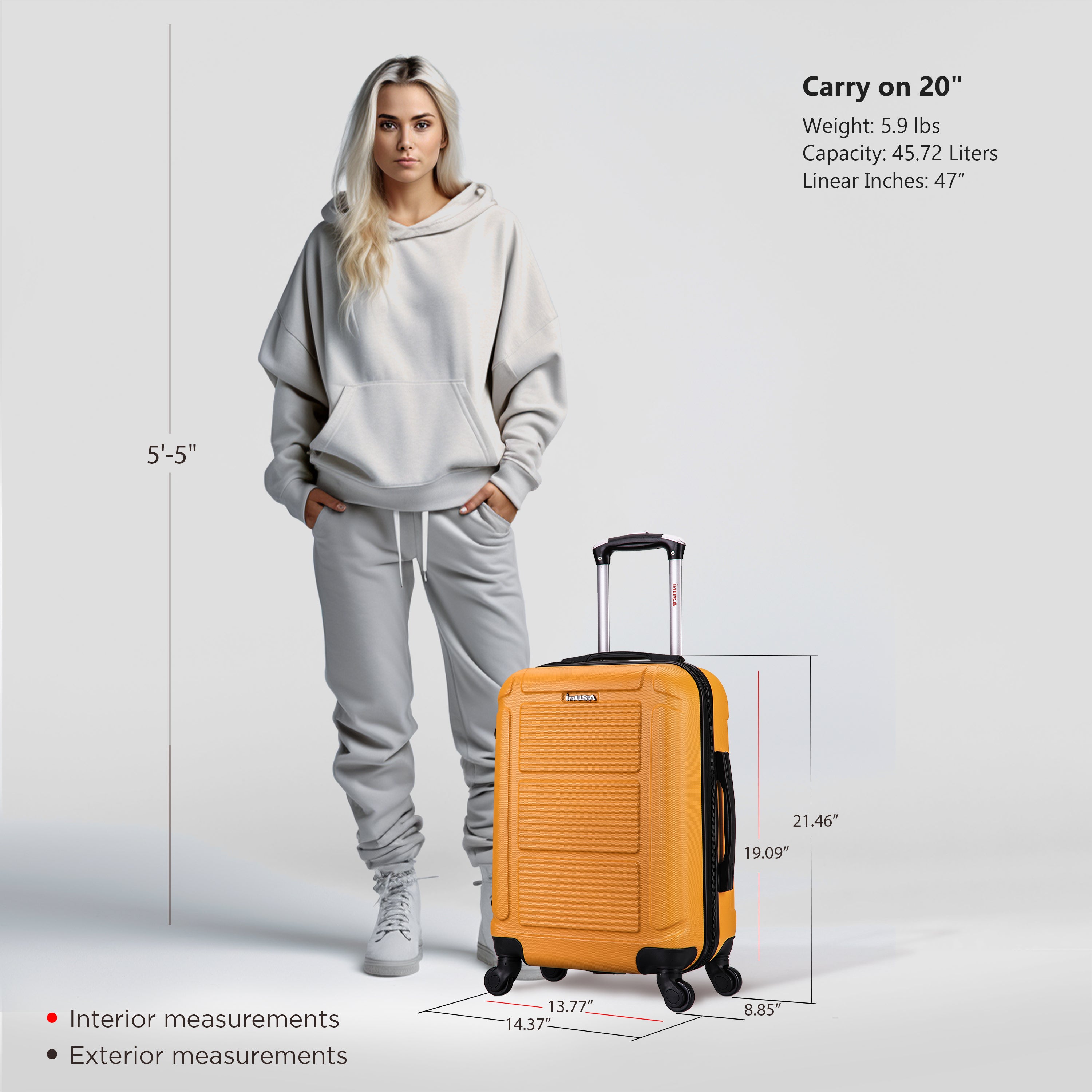 Person standing next to a yellow suitcase with measurements displayed