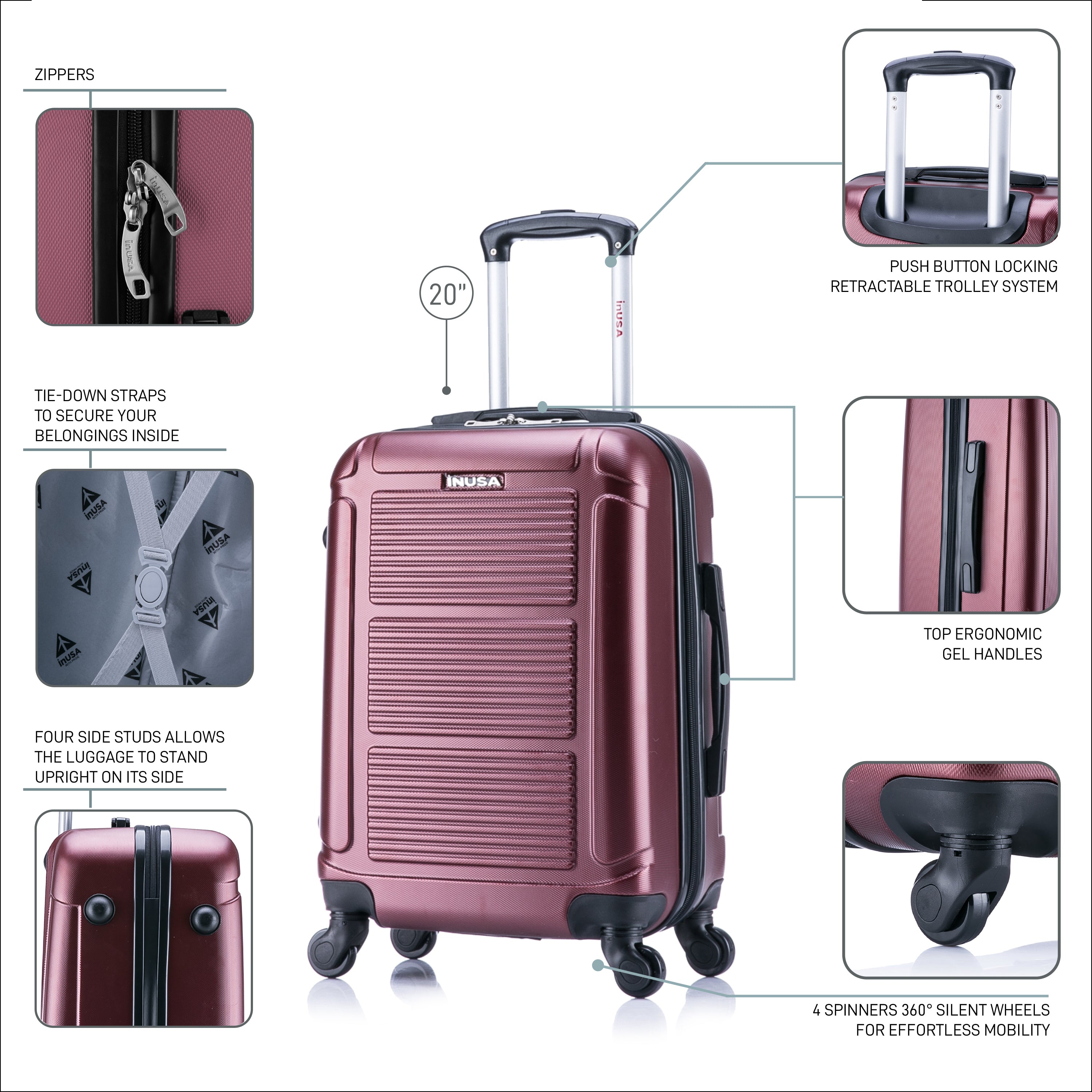 20-inch suitcase with features highlighted on a white background