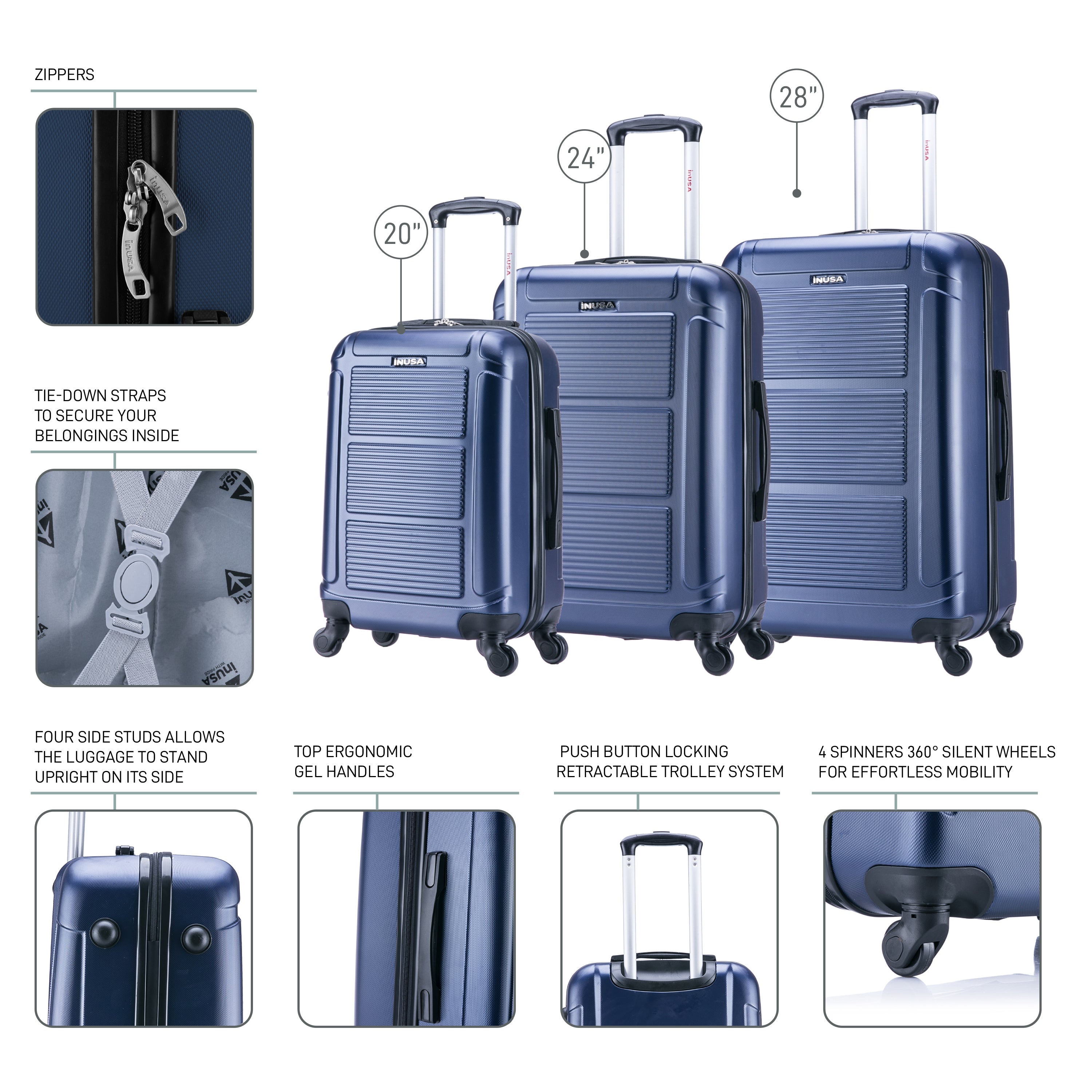Set of blue suitcases with features highlighted on a white background