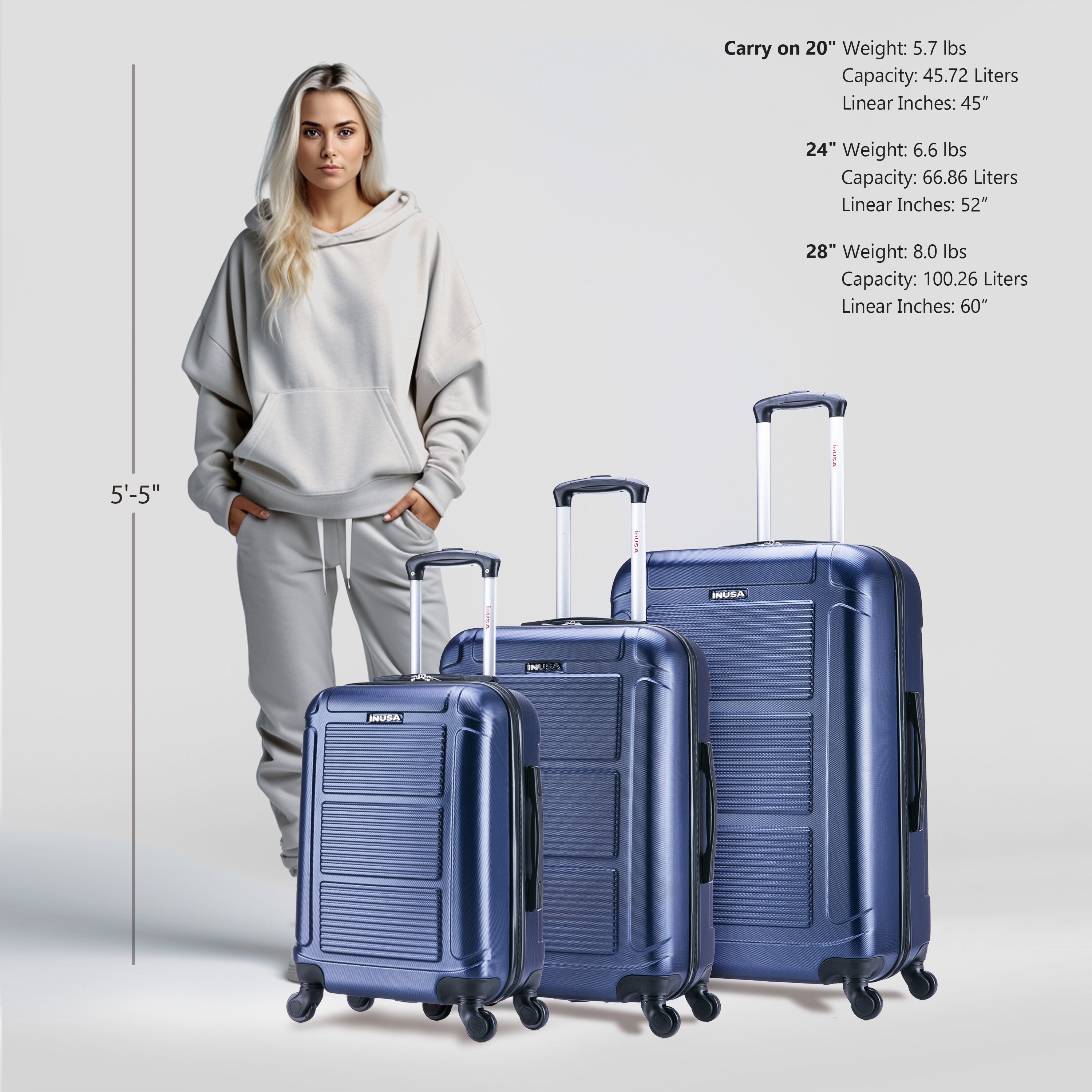 Woman standing next to three blue suitcases with dimensions and weight information displayed.
