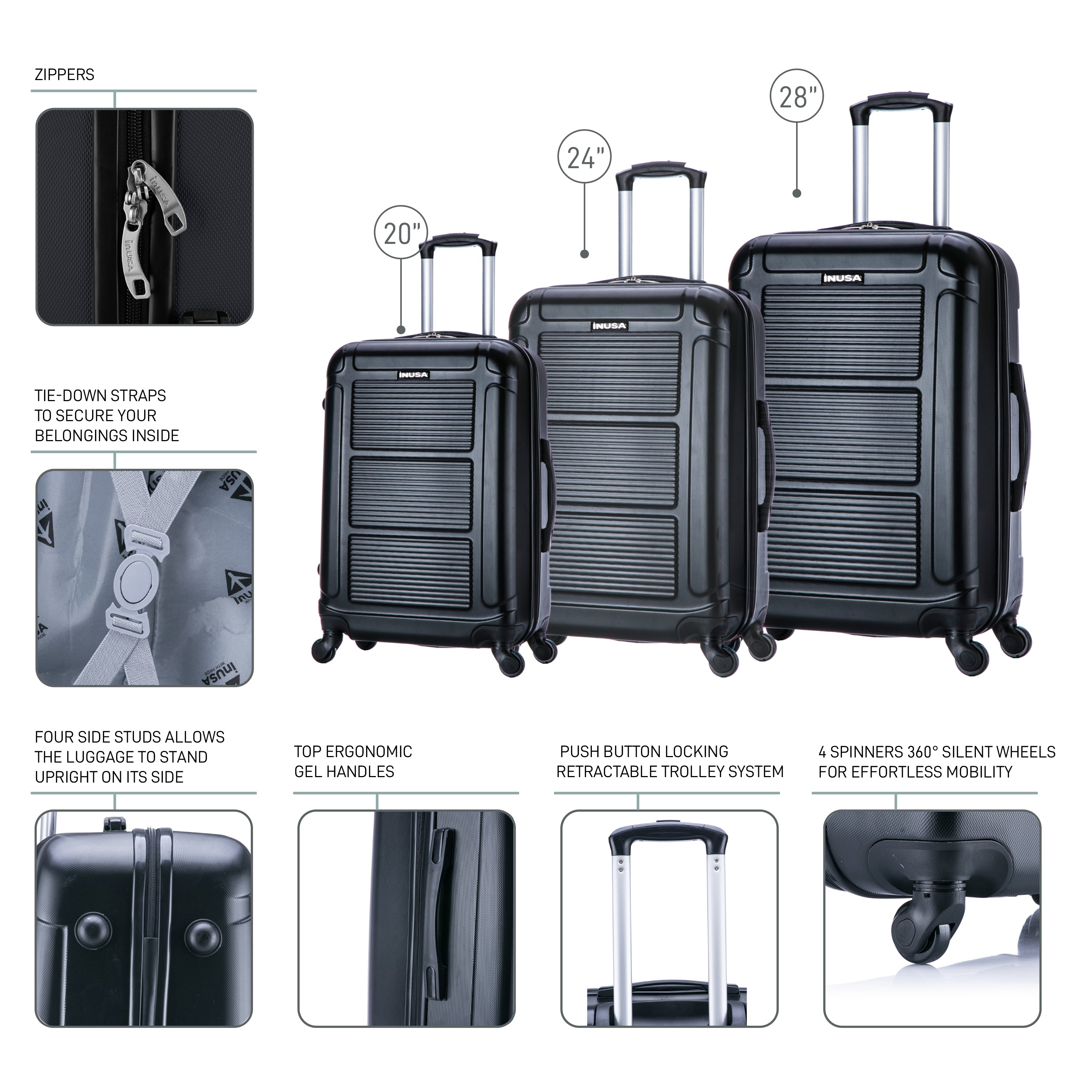 Black suitcases of different sizes with features highlighted on a white background