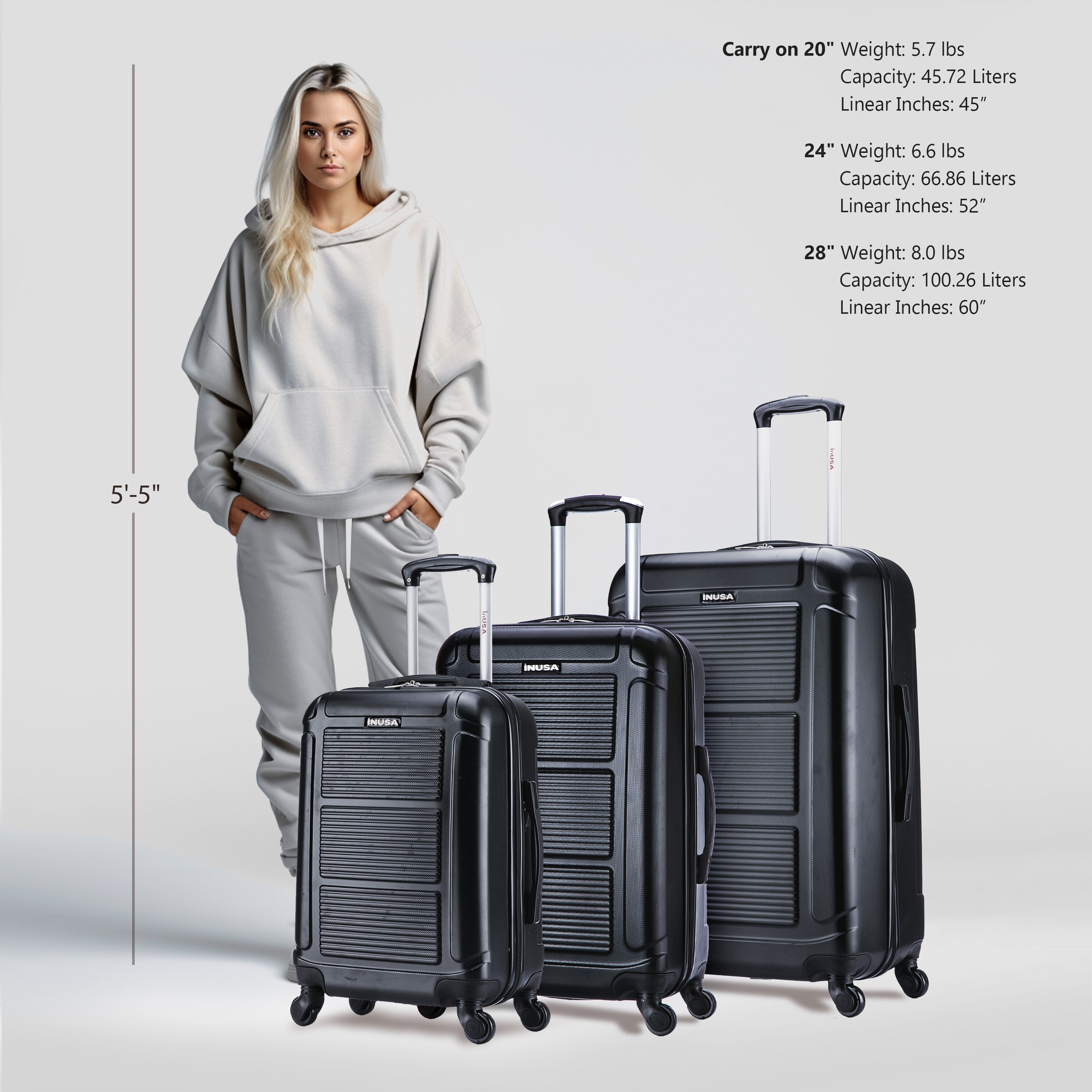 Woman standing next to three black suitcases with size and weight information displayed.