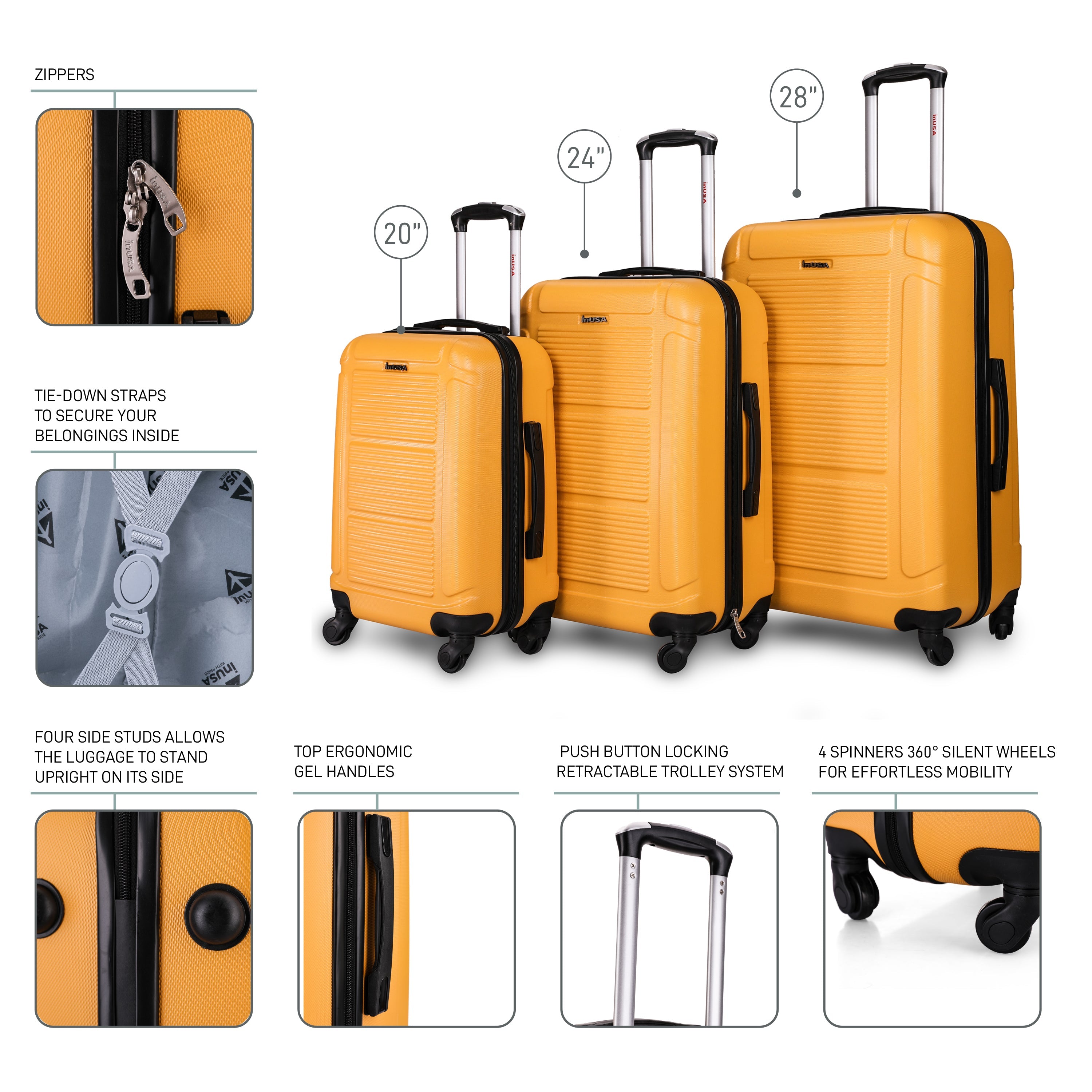 Yellow suitcases with features highlighted on a white background