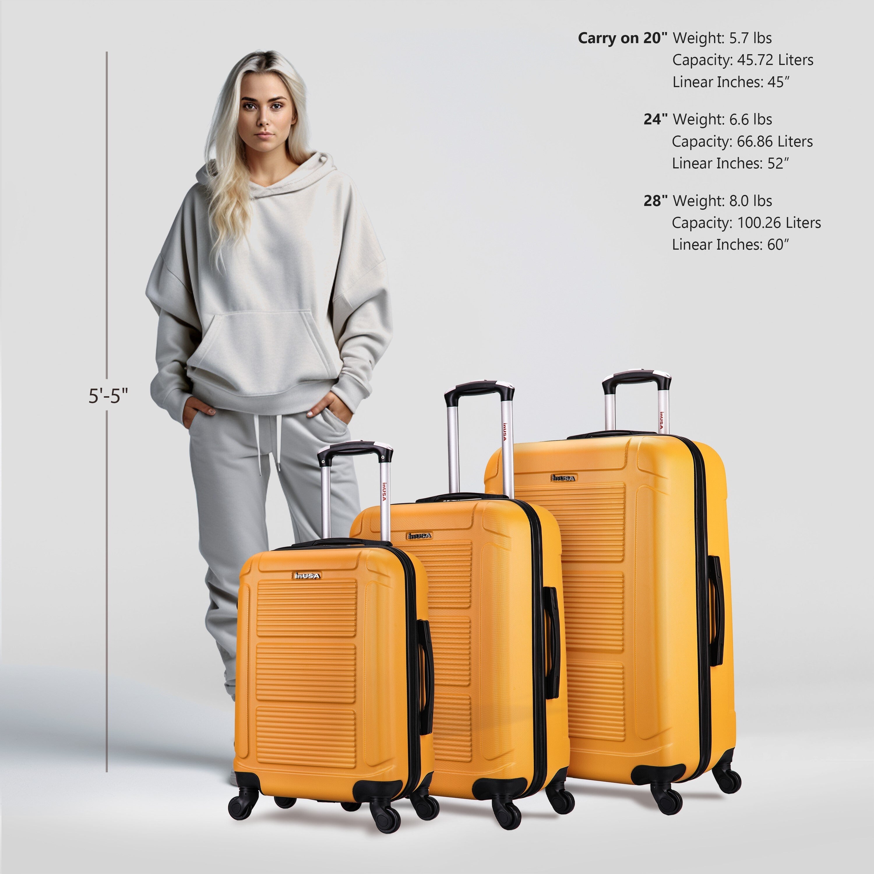 Woman holding a mustard yellow suitcase with size and weight information displayed.
