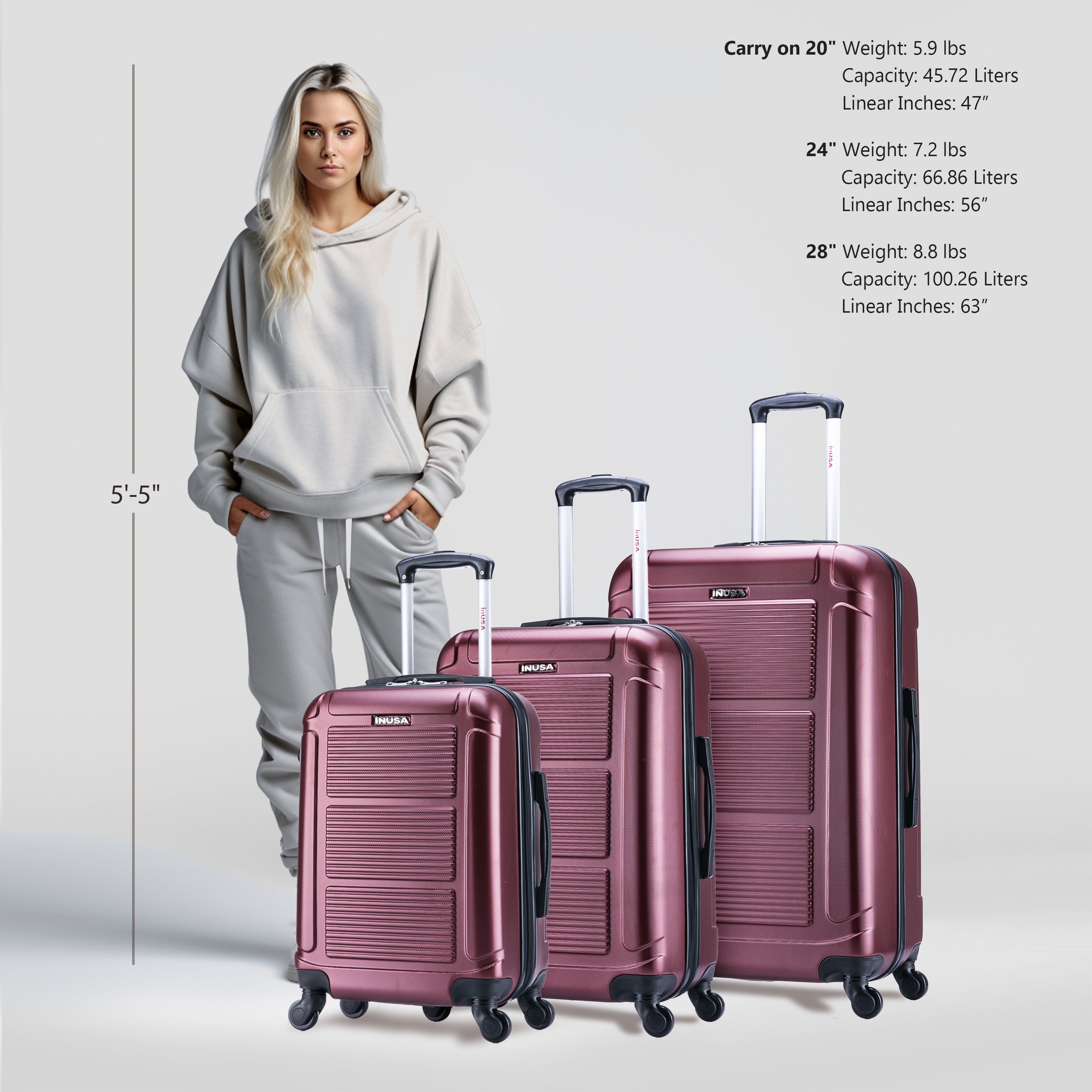 Woman standing next to three pink suitcases with dimensions and weight information displayed.