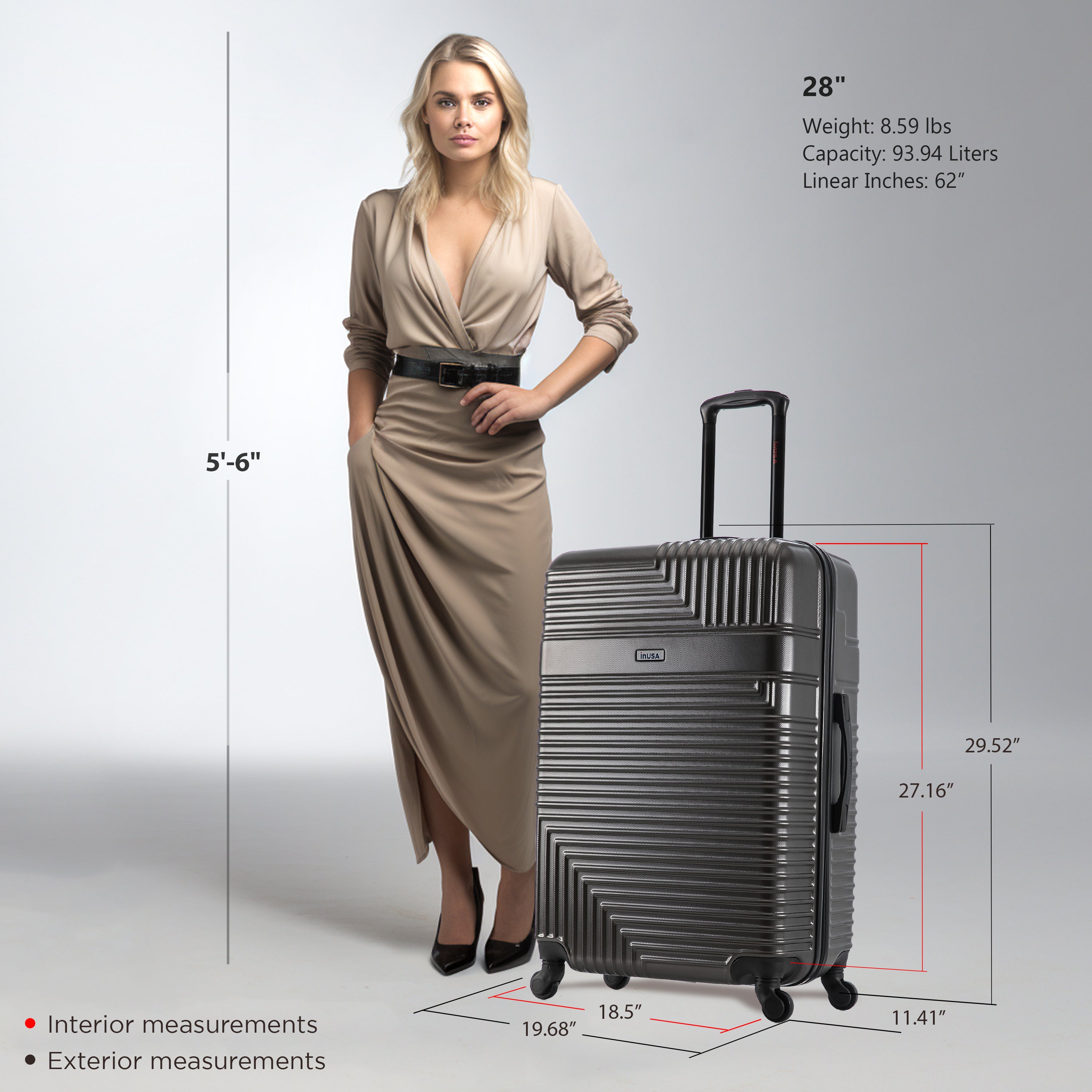 Woman standing next to a gray suitcase with measurements displayed