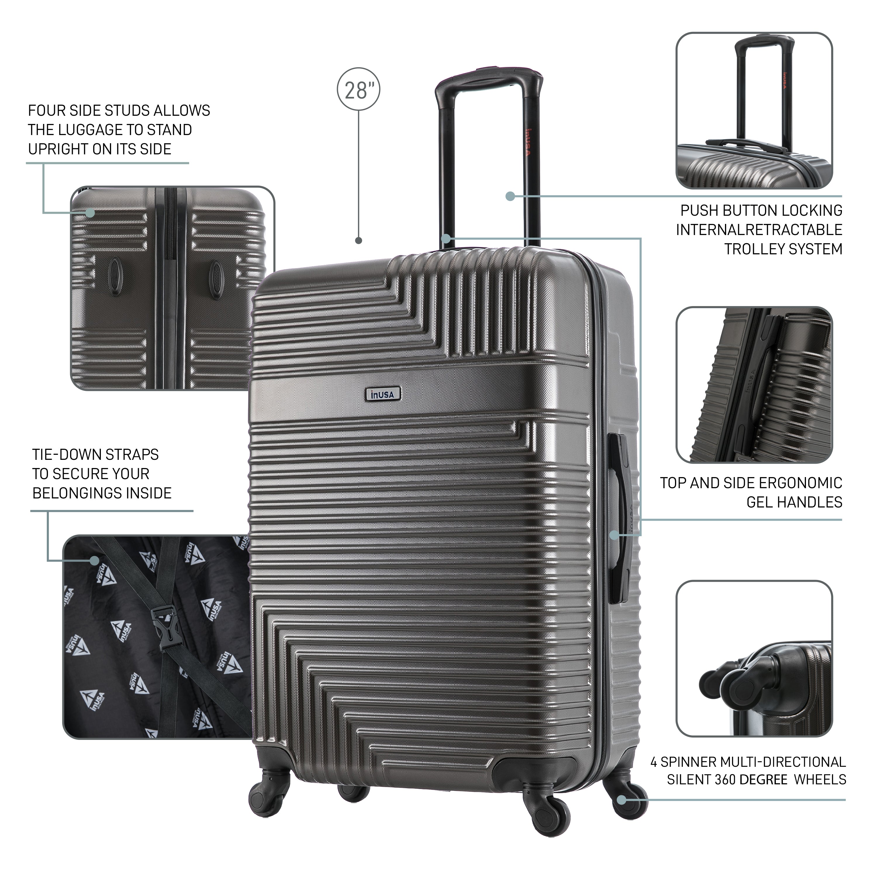 Gray suitcase with features highlighted on a white background