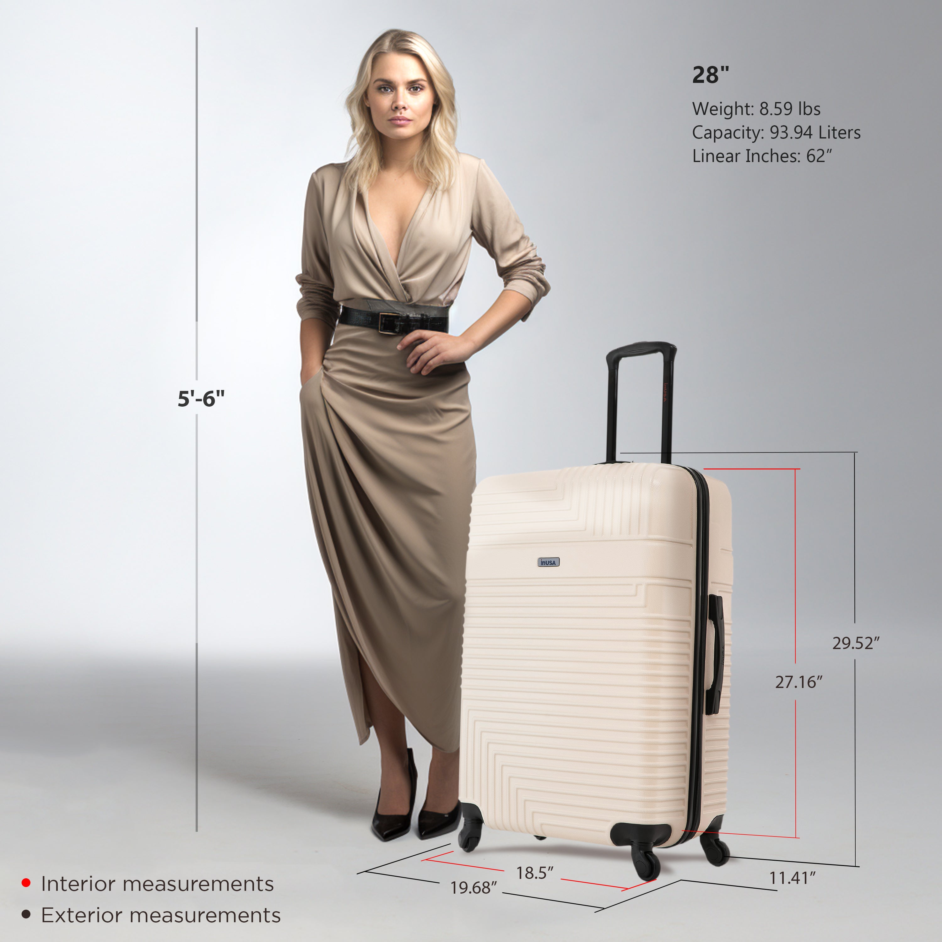 Woman standing next to a beige suitcase with measurements displayed