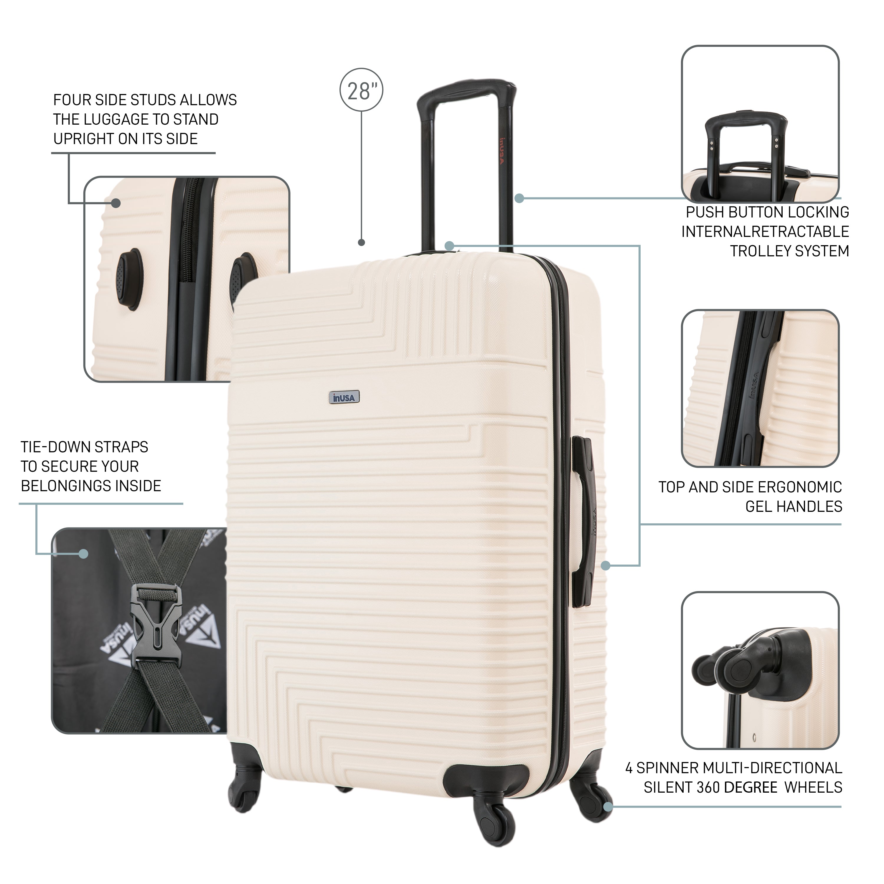 Beige suitcase with features highlighted on a white background