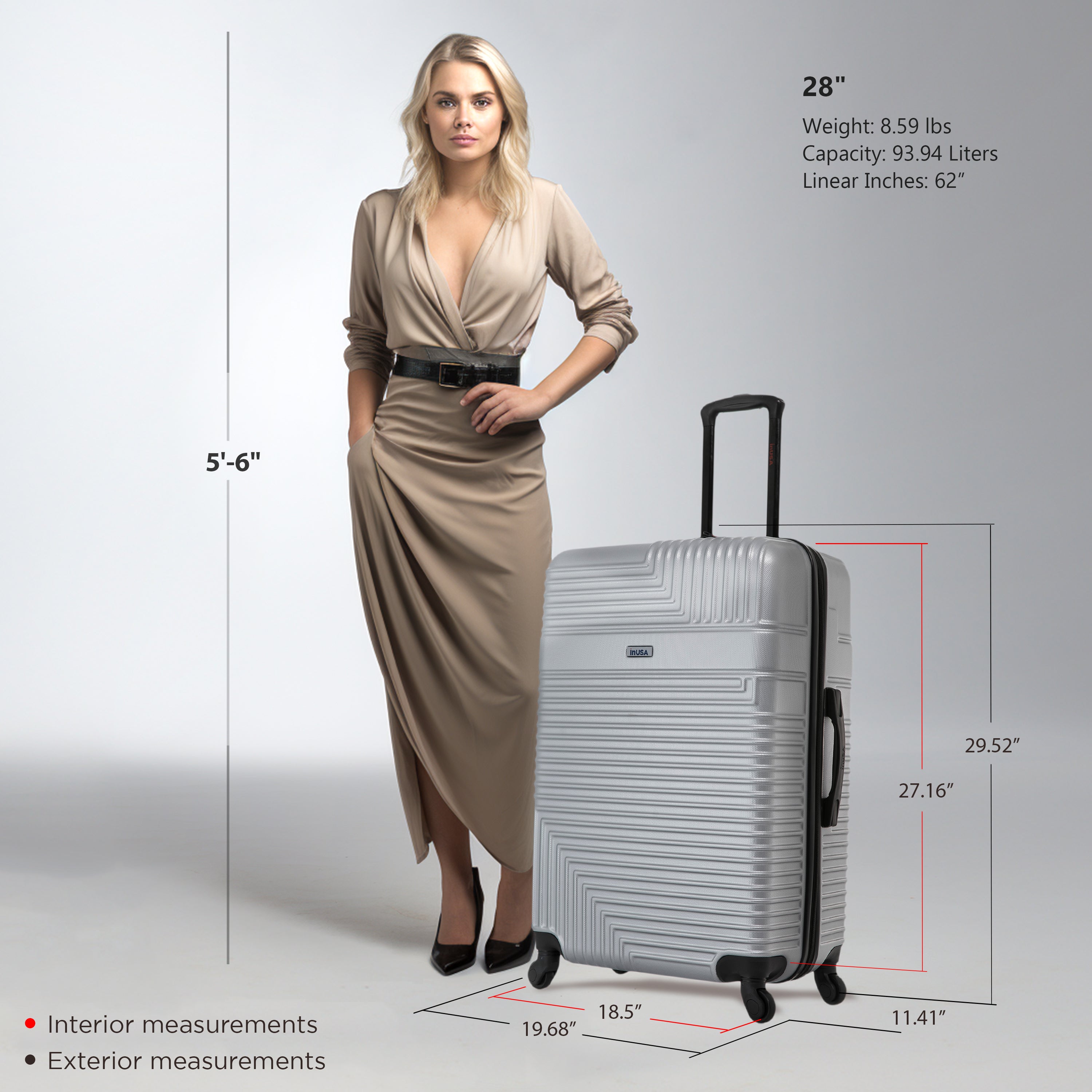 Woman standing next to a silver suitcase with measurements displayed