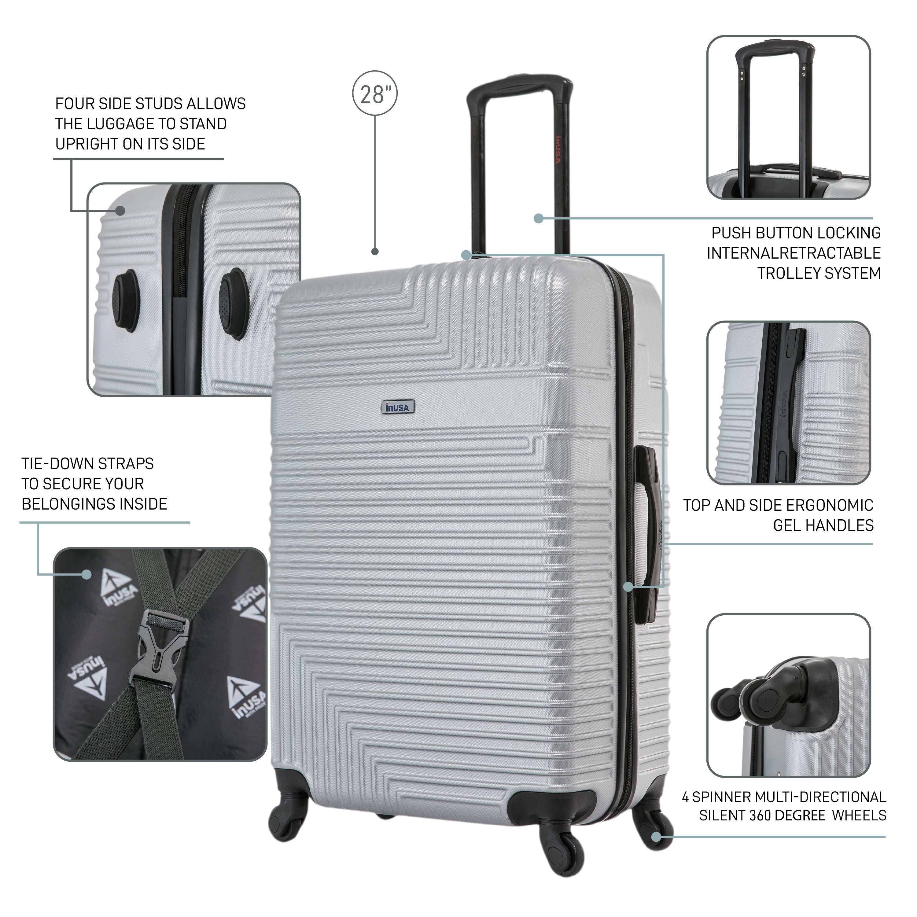 Gray suitcase with features highlighted on a white background