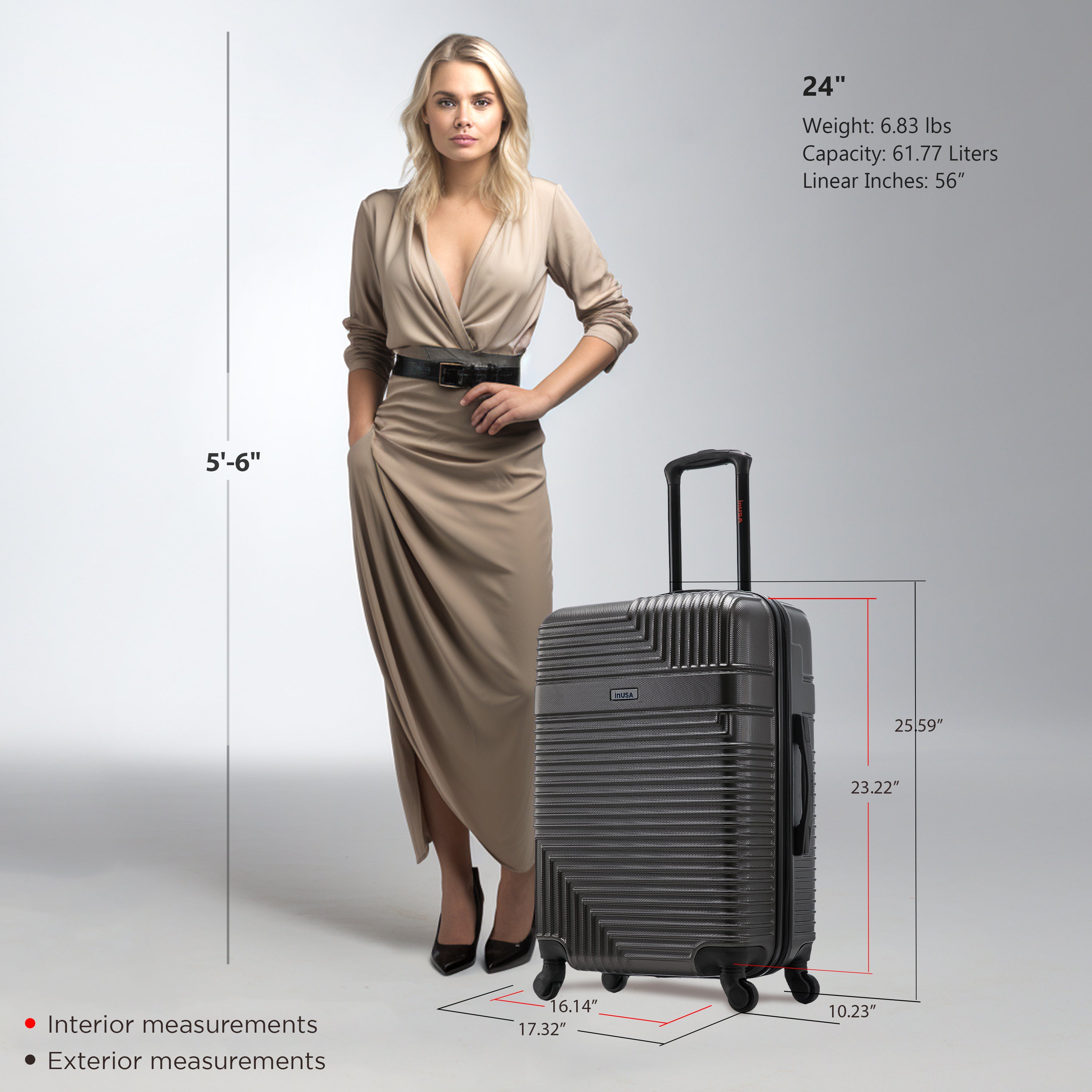 Woman standing next to a suitcase with measurements displayed