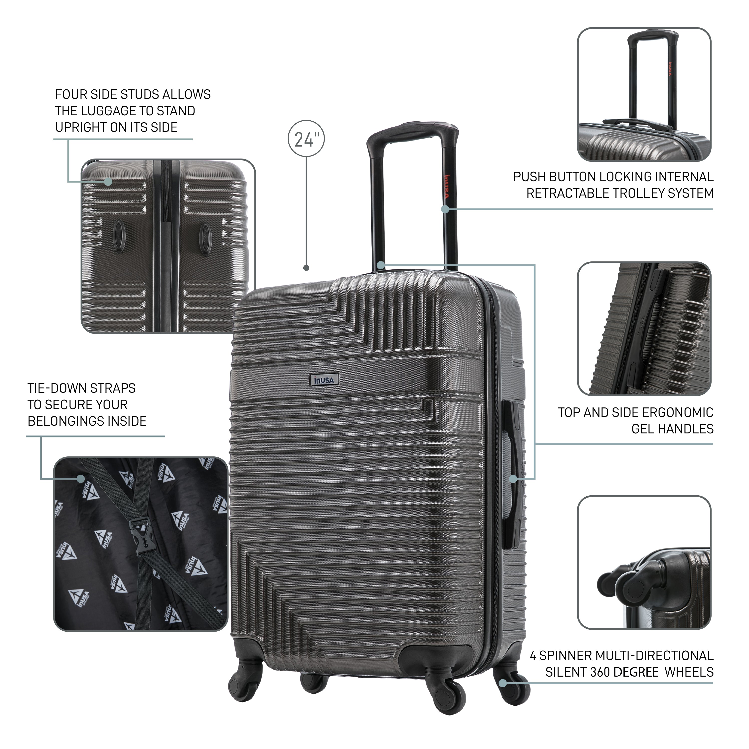 Gray suitcase with features highlighted on a white background