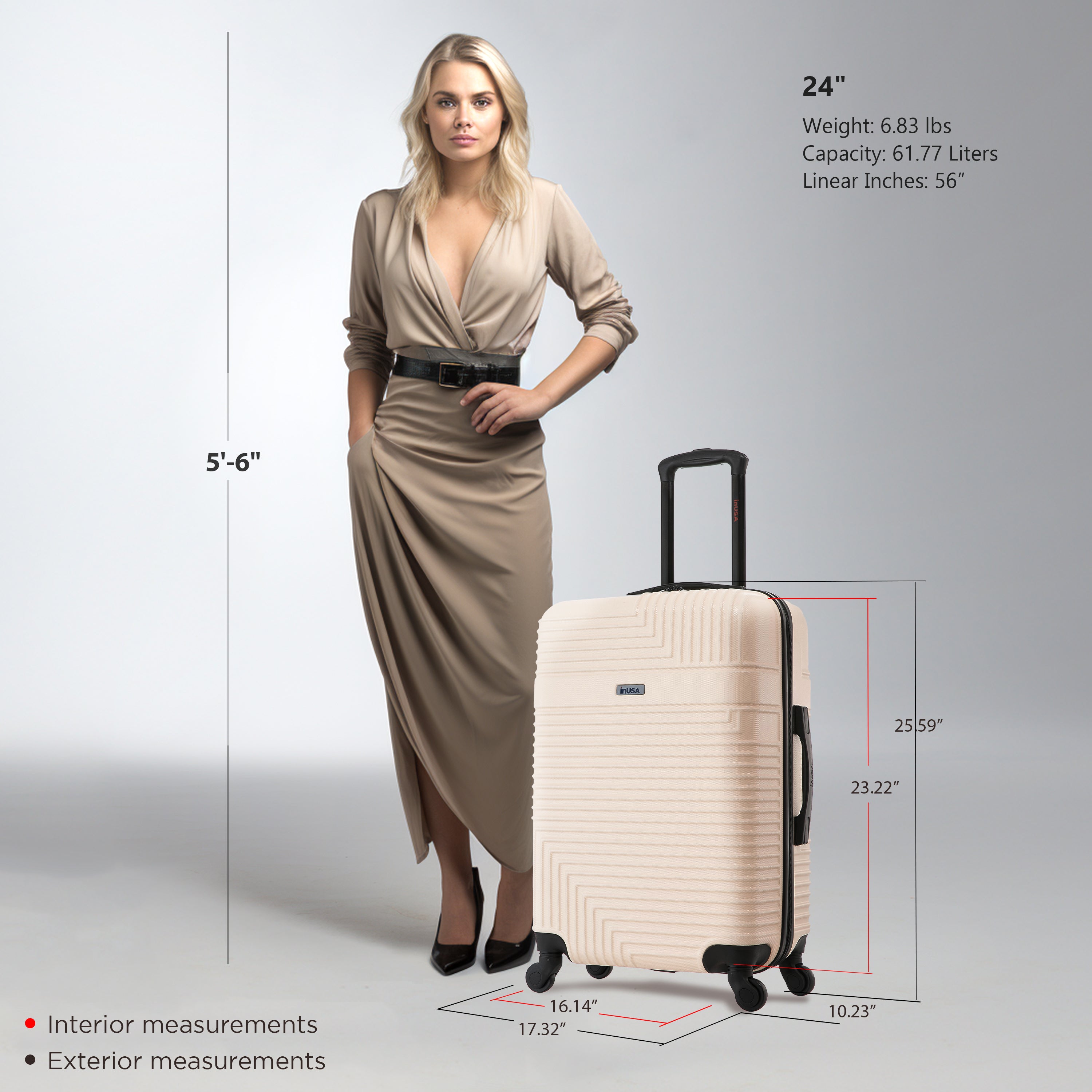 Woman standing next to a beige suitcase with measurements displayed