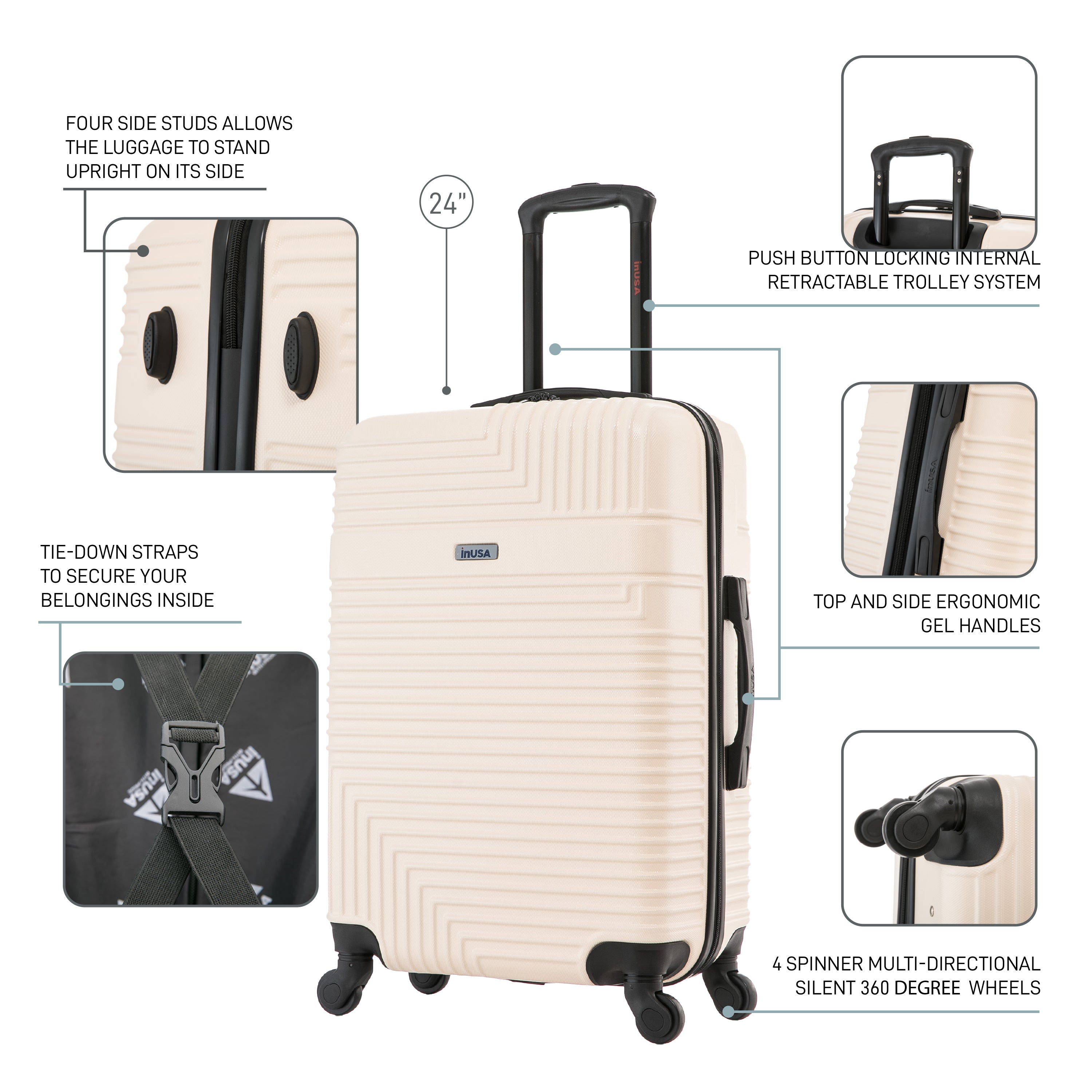 Beige suitcase with feature highlights on a white background