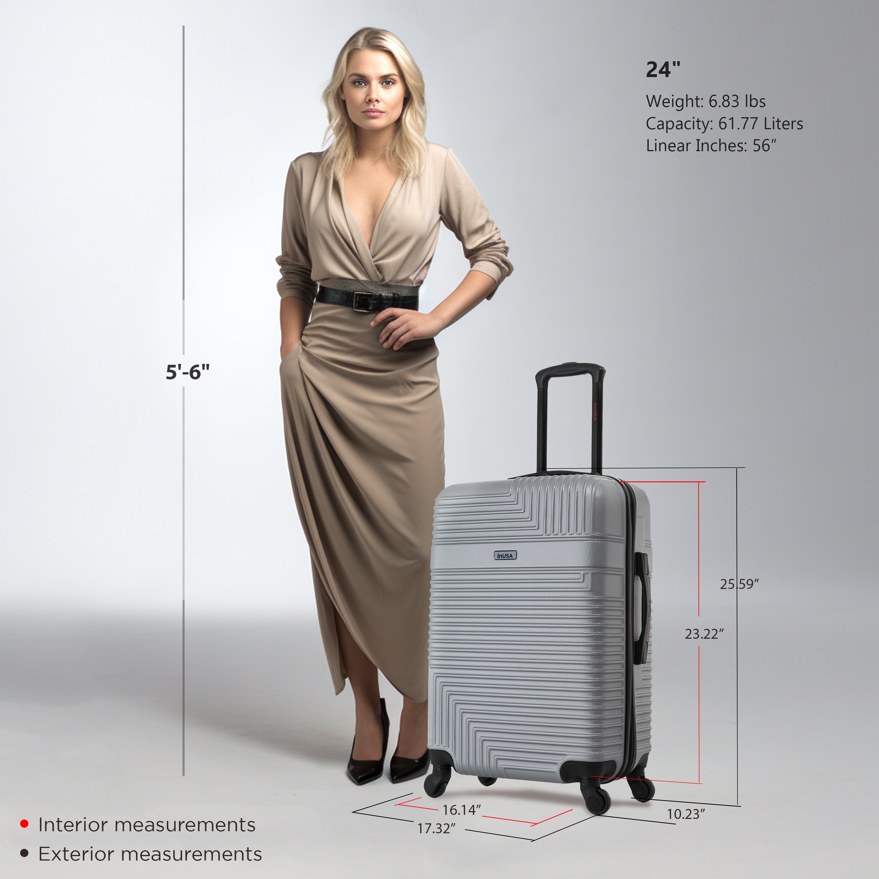Woman standing next to a silver suitcase with measurements displayed