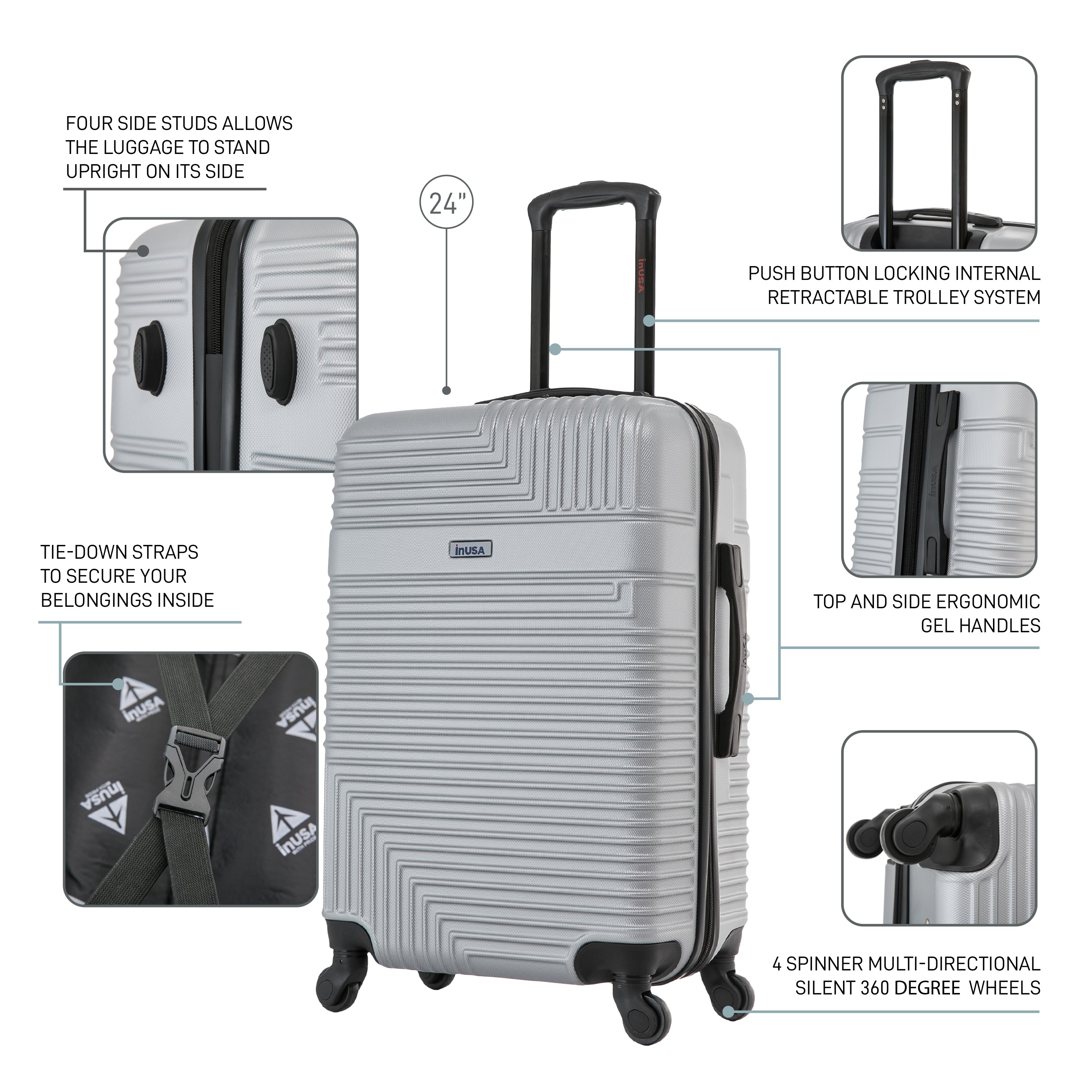 Gray suitcase with features highlighted on a white background