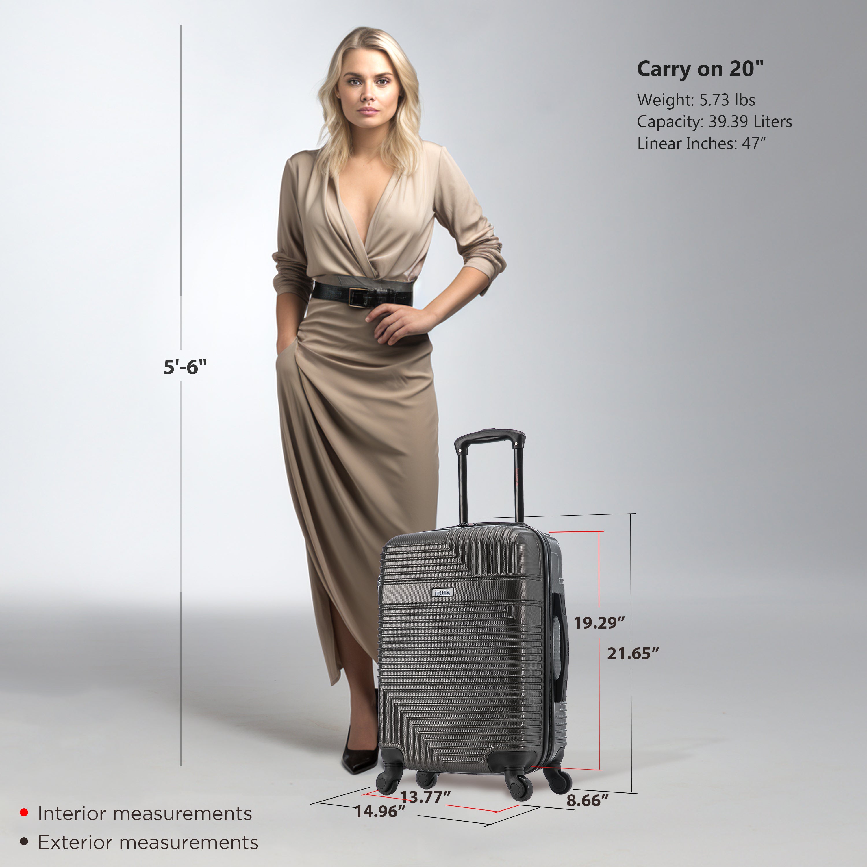 Woman standing next to a suitcase with measurements displayed