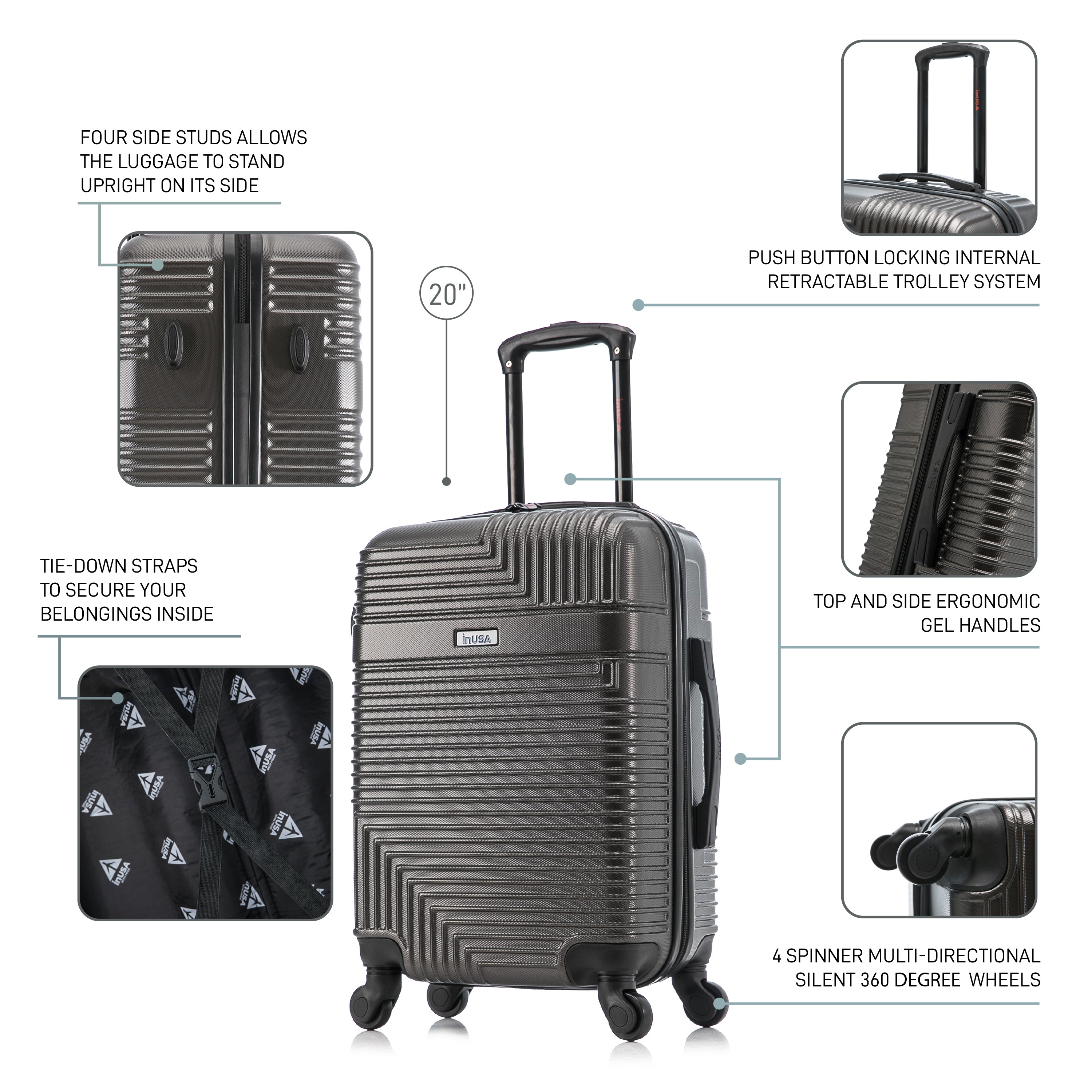 Black suitcase with features highlighted on a white background