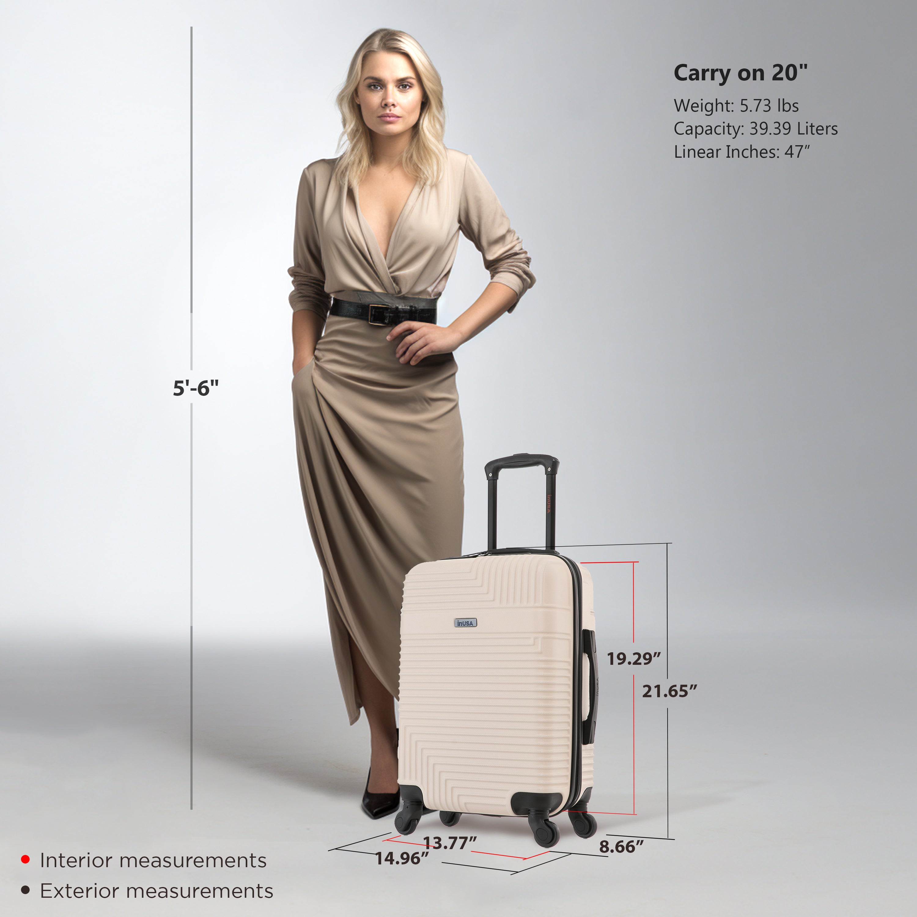 Woman standing next to a beige suitcase with measurements displayed