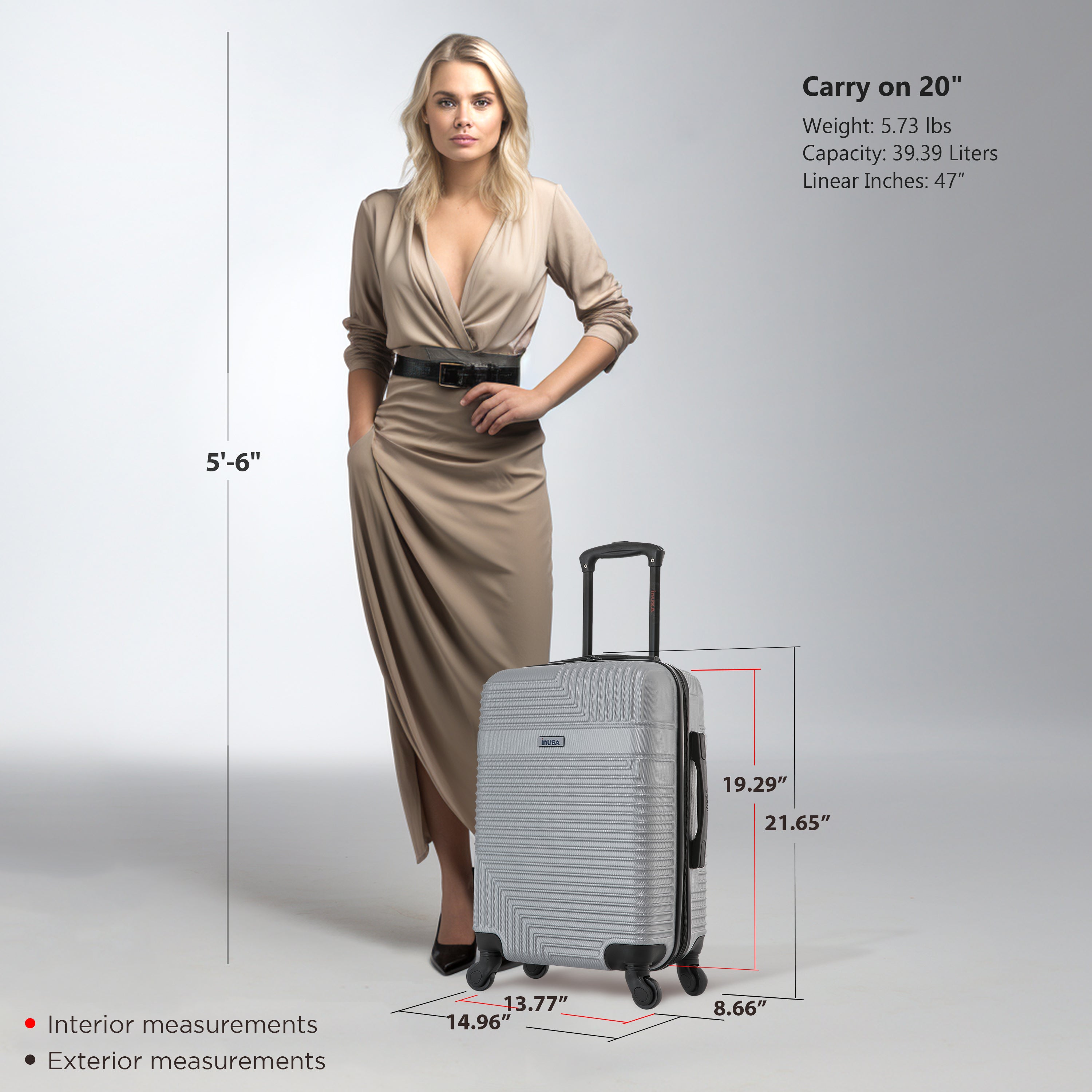 Woman standing next to a suitcase with measurements displayed