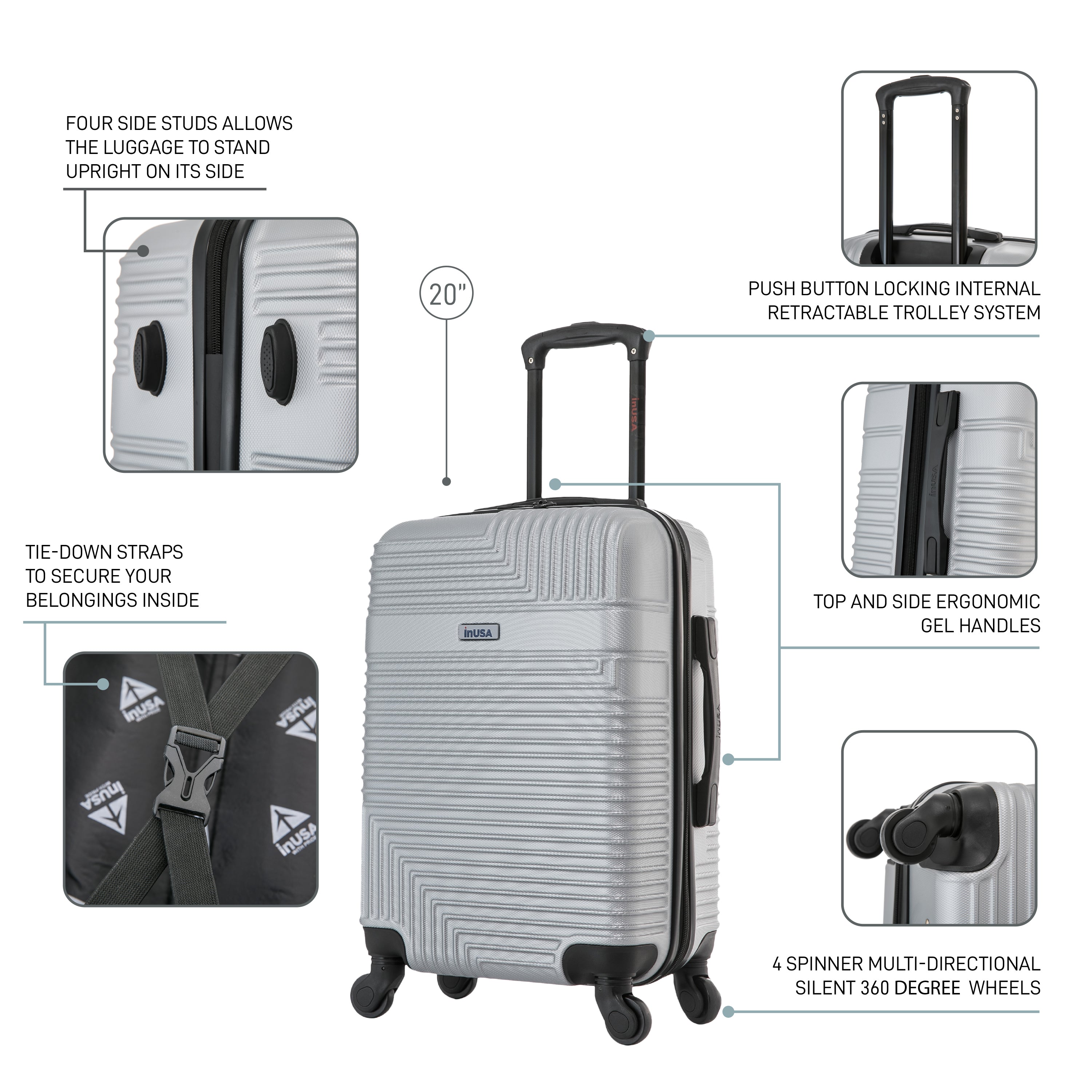 Gray suitcase with features highlighted on a white background