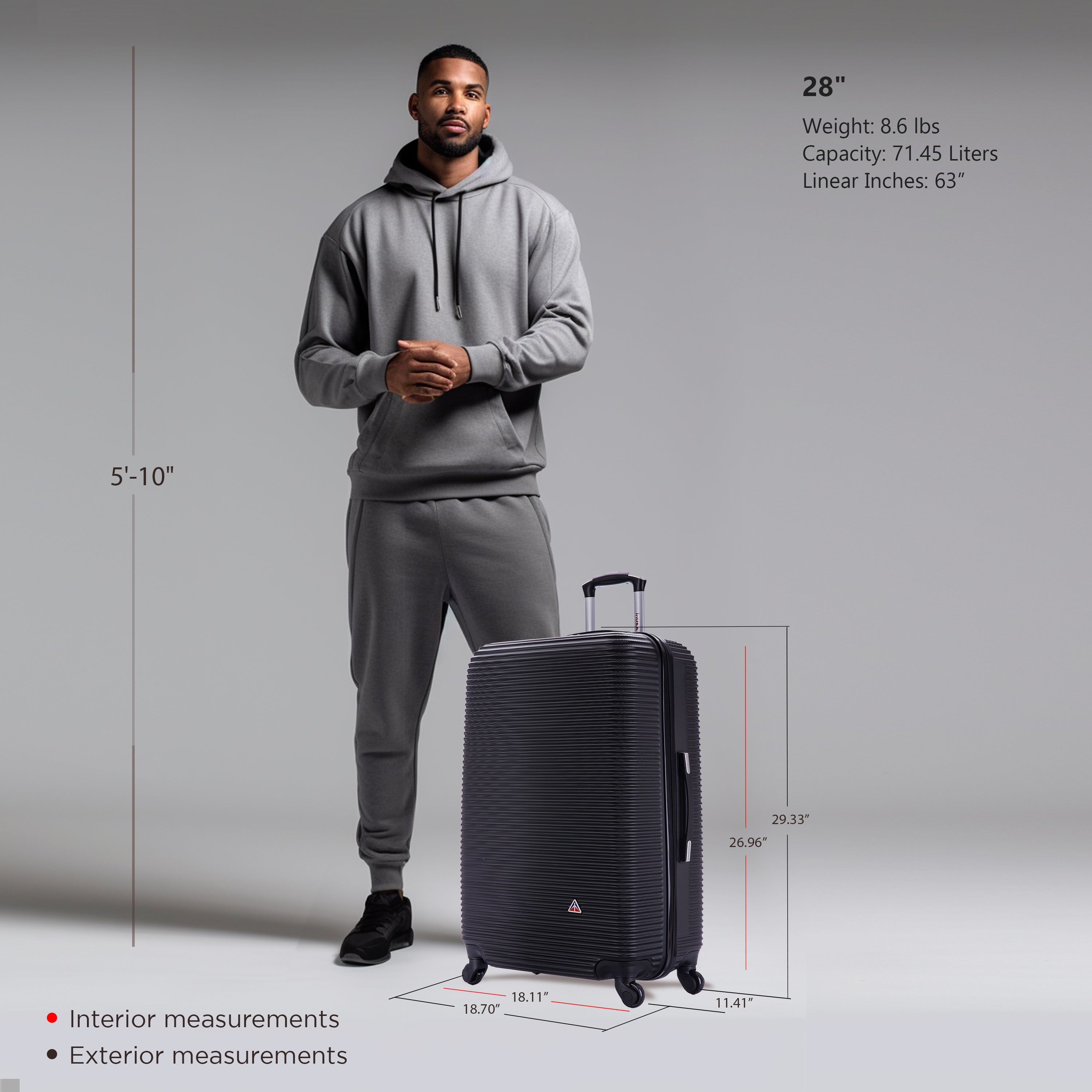 Man standing next to a black suitcase with measurements displayed