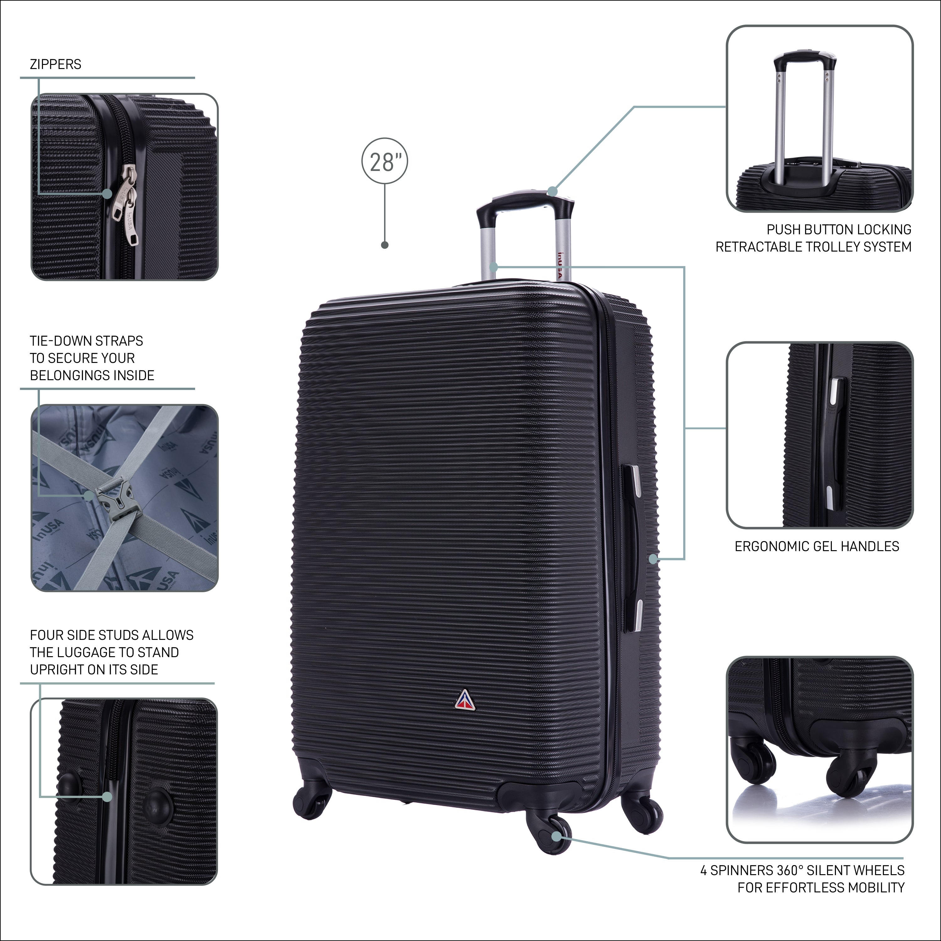 Black suitcase with features highlighted on a white background