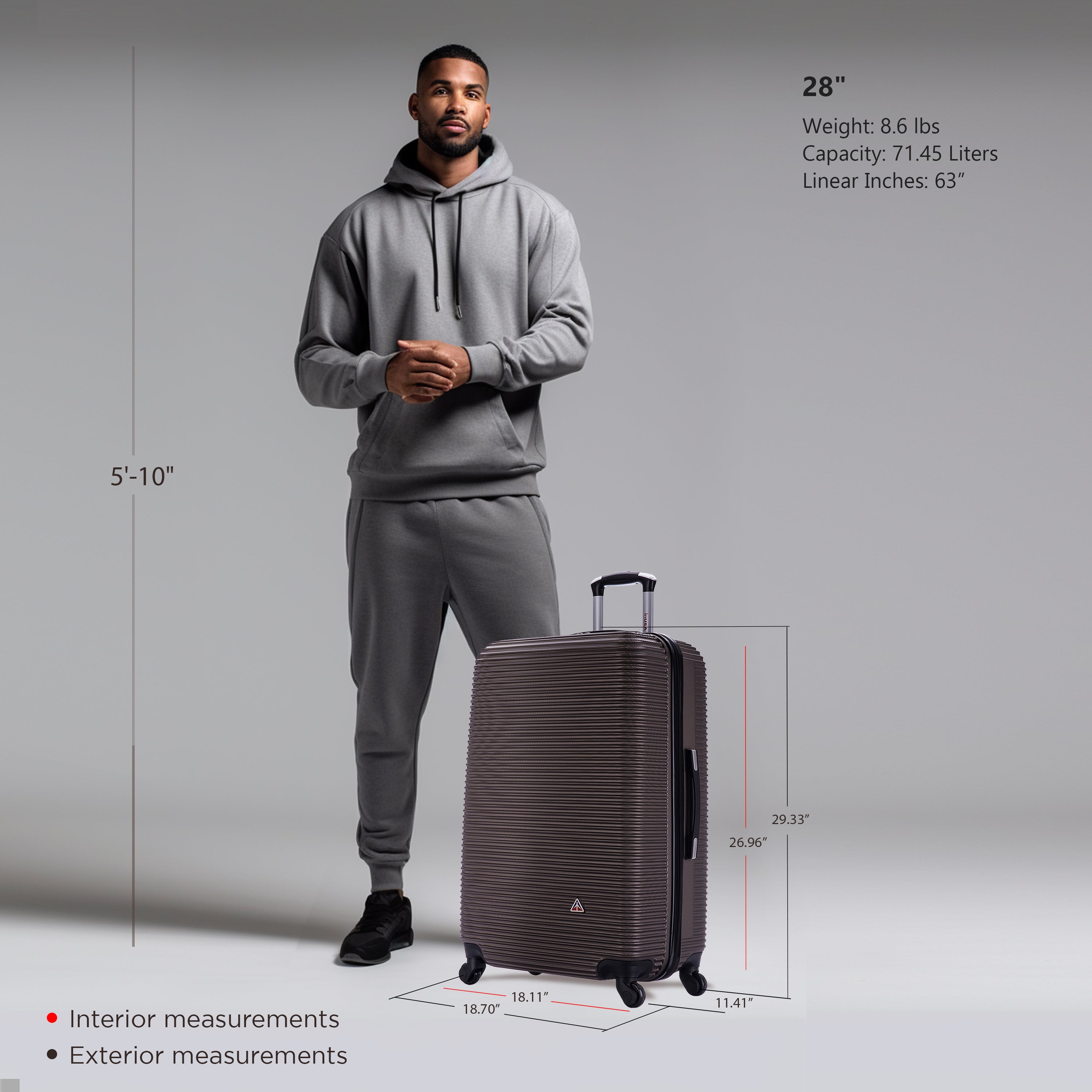 Man standing next to a suitcase with measurements displayed
