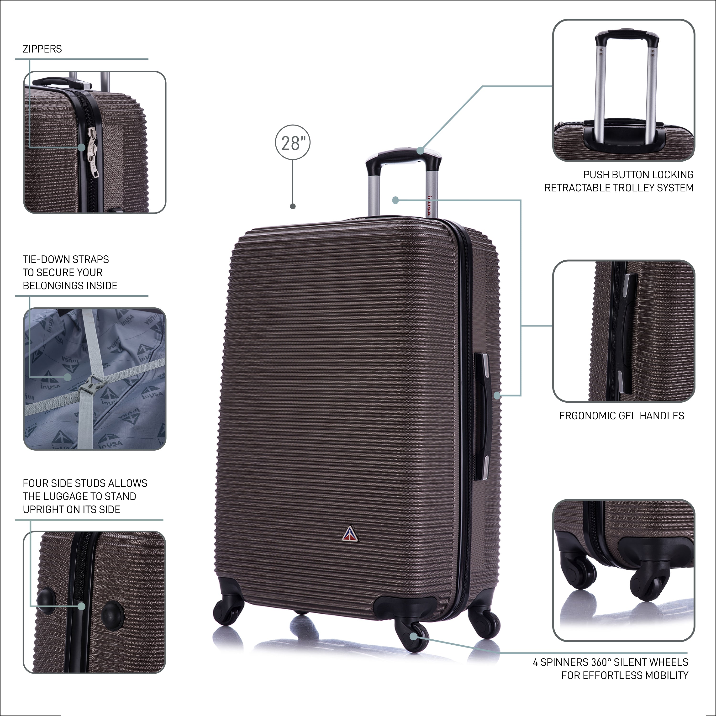 Brown suitcase with features highlighted on a white background