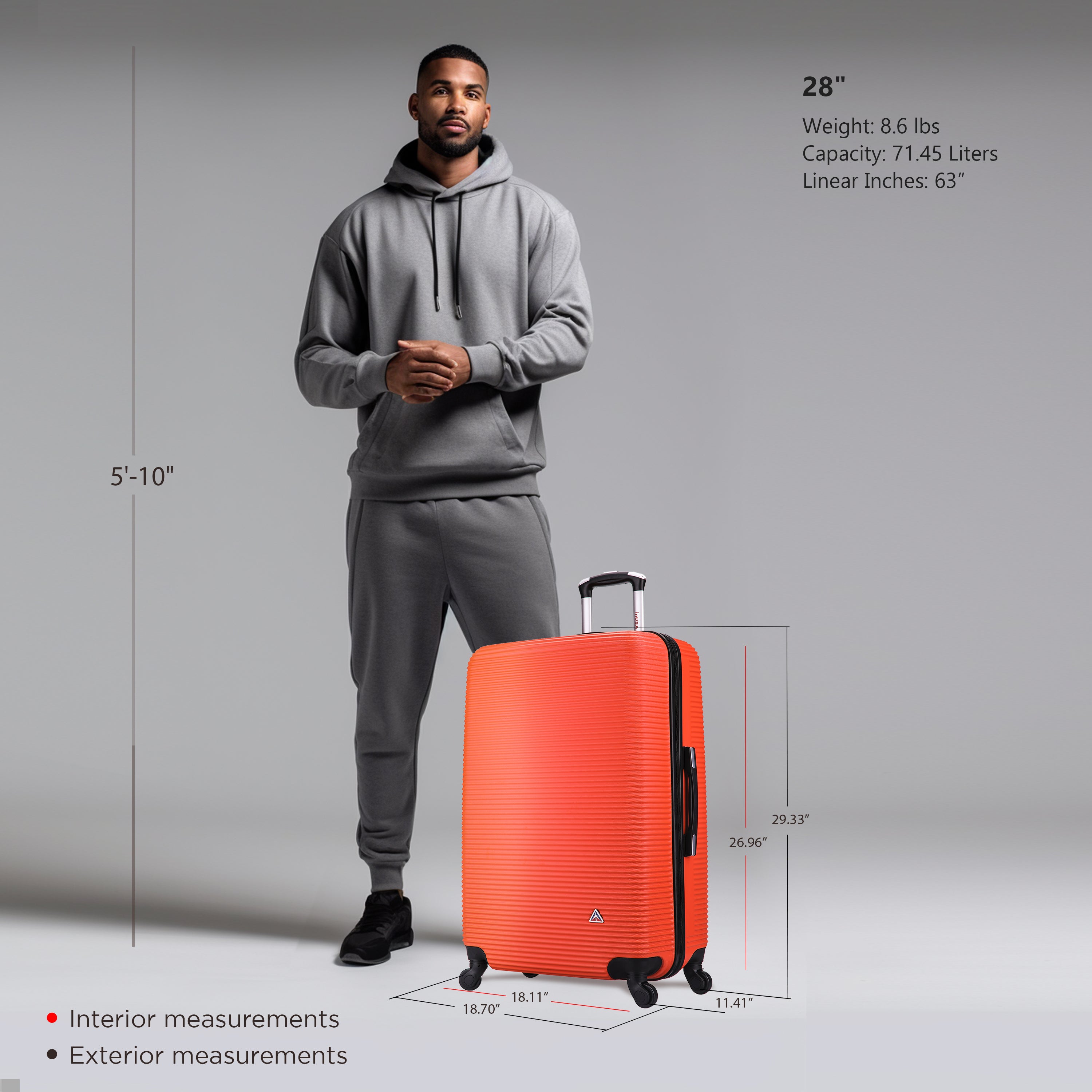 Man standing next to an orange suitcase with measurements displayed