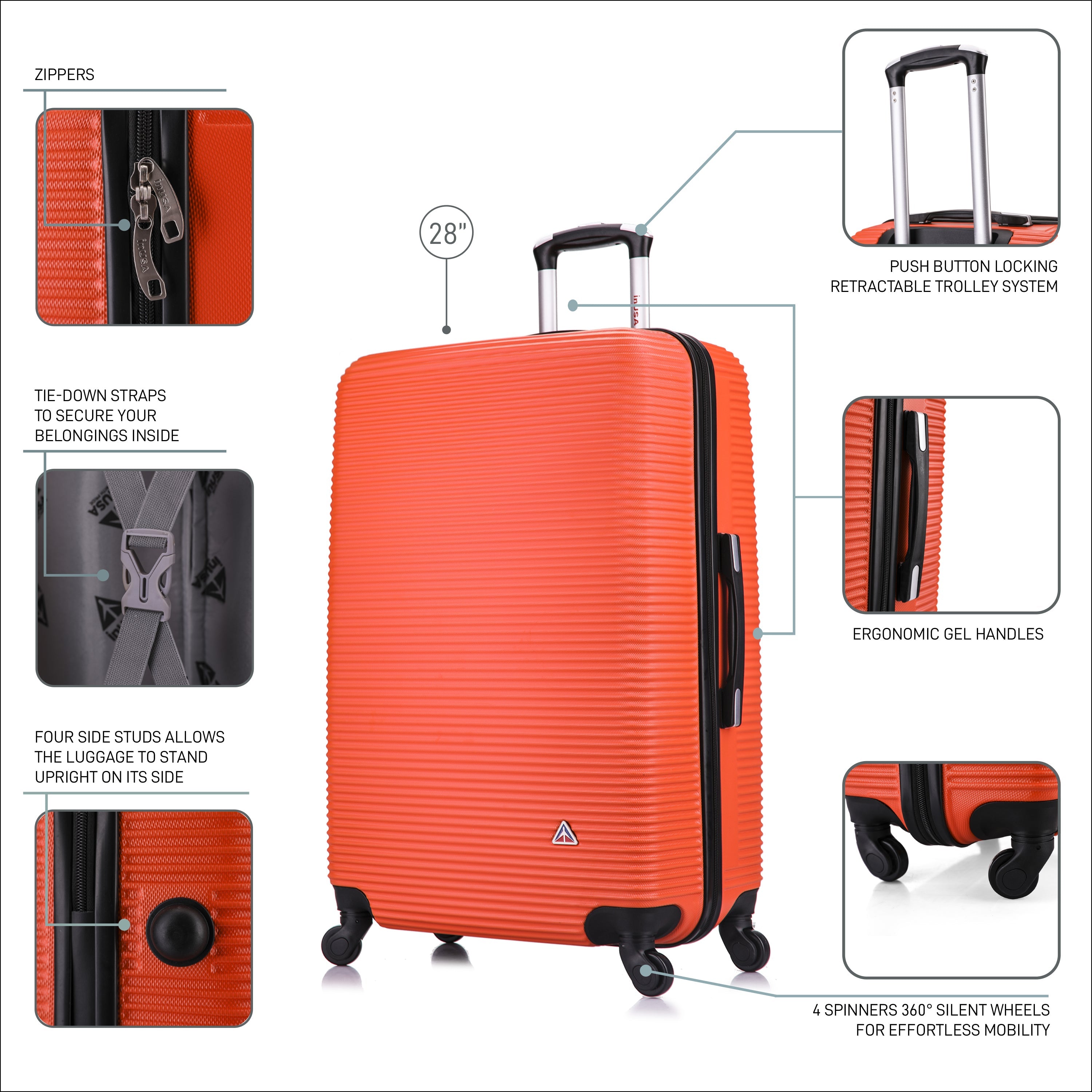 Orange suitcase with features highlighted on a white background